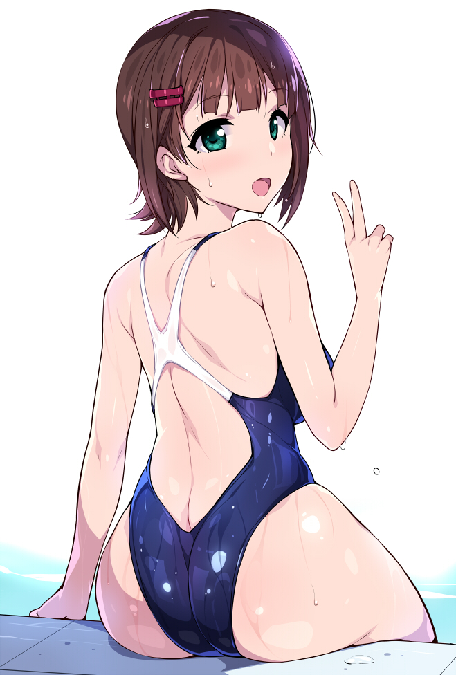 1girls amami_haruka ass brown_hair haruka_amami hidebou idolmaster looking_back one-piece_swimsuit open_mouth peace_sign school_swimsuit solo swimsuit the_idolm@ster wet