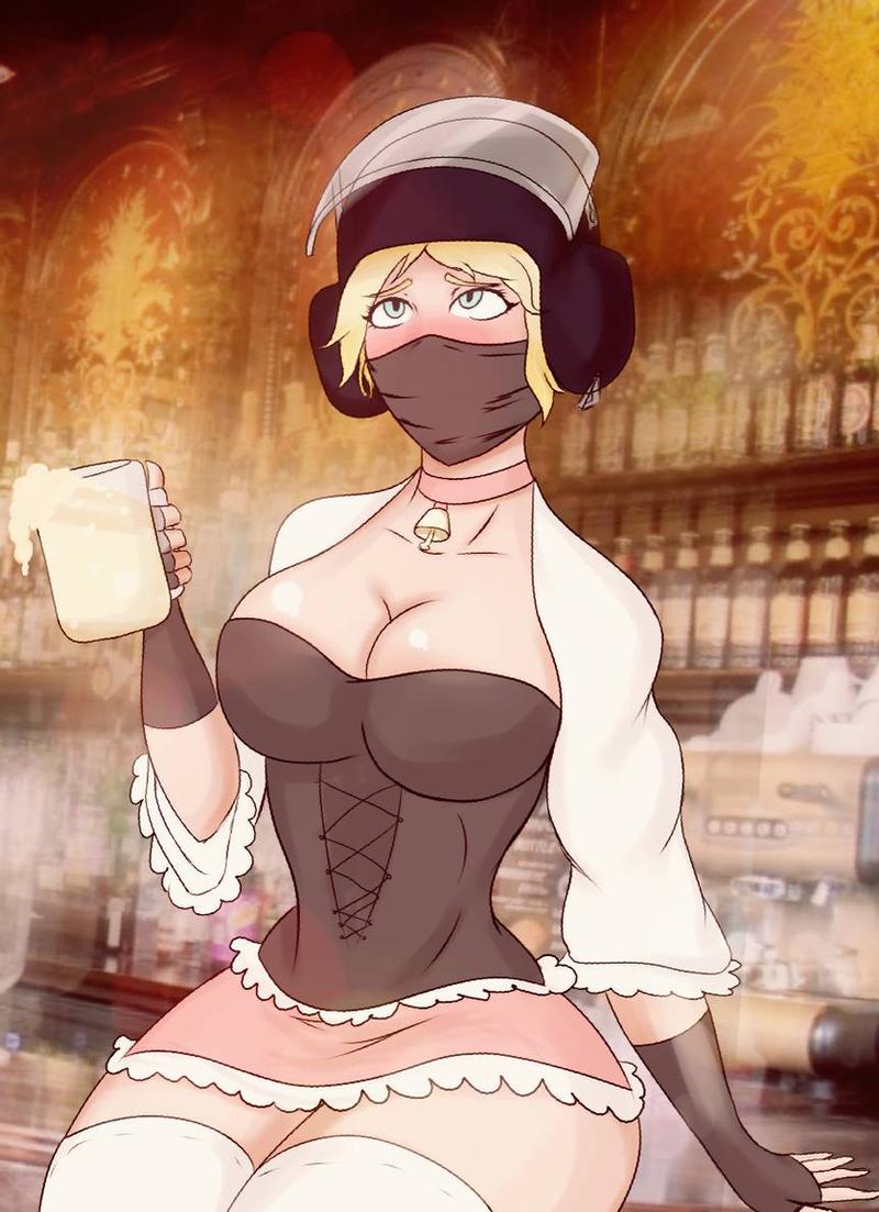 1girls, alternate costume, artist request, ass, bar, bavarian clothes, beer mug, blonde hair, blush, breasts, choker, cleavage, corset, cowbell, cowbell collar, cum in glass, detailed background, female, female only, fingerless gloves, gloves, green eyes, helmet, holding glass, iq (rainbow six), large ass, large breasts, mask, milk maid, pink skirt, rainbow six, rainbow six siege, shirtless sleeves, short skirt, skirt, solo, thighhighs, tom clancy, visor, white thighhighs