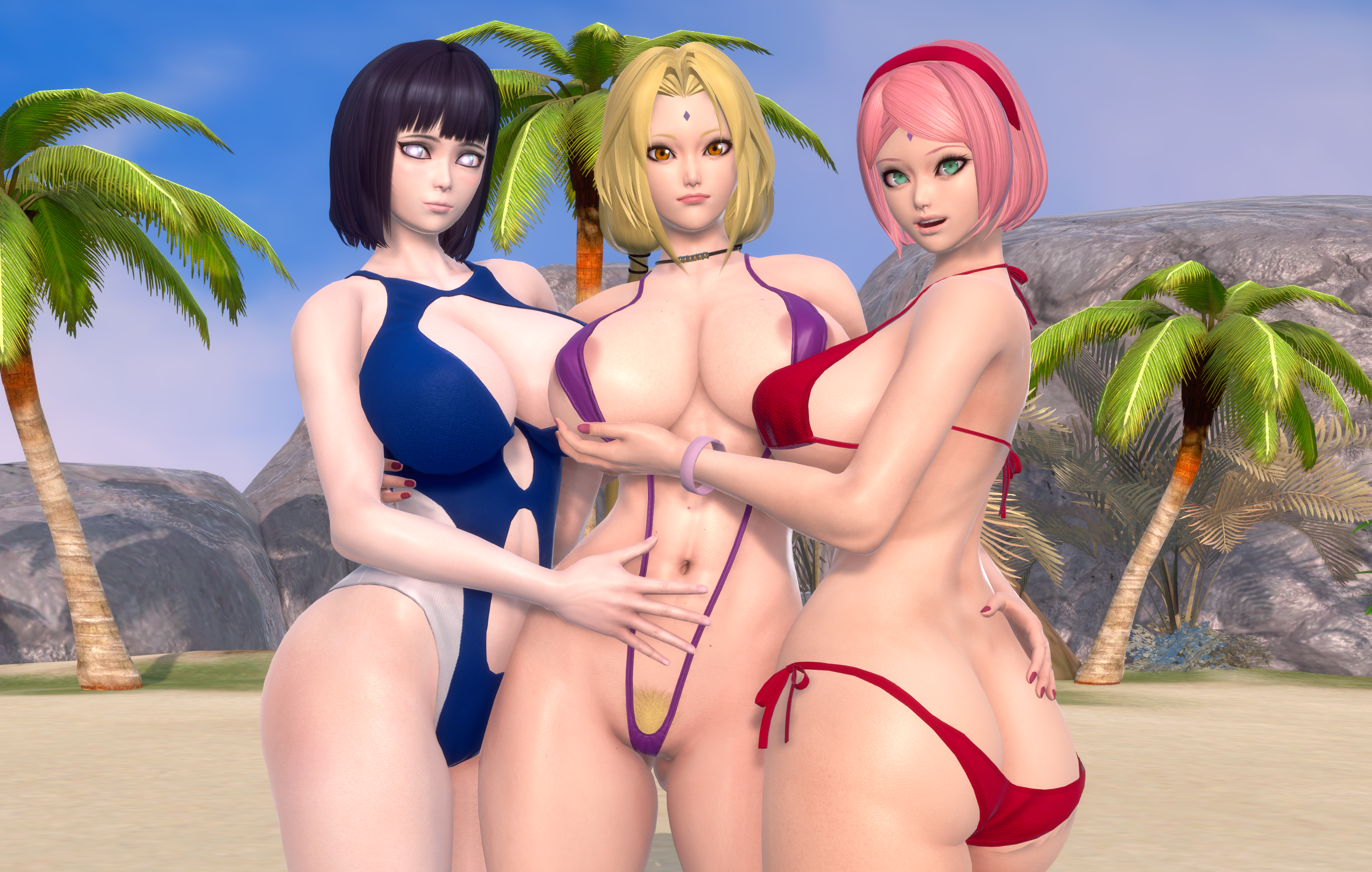 3d, 3girls, ass, ass crack, beach, bikini, blonde hair, blue hair, bob cut, boruto: naruto next generations, bracelet, breasts, busty, butt crack, cleavage, female, female only, front view, hand on breast, haruno sakura, honey select, hyuuga hinata, large breasts, looking at viewer, mature female, meish, milf, mother, naruto, naruto (series), one-piece swimsuit, outdoors, pale skin, pink hair, posing, pubic hair, sakura haruno, sling bikini, smile, swimsuit, tsunade, uchiha sakura, uzumaki hinata, voluptuous