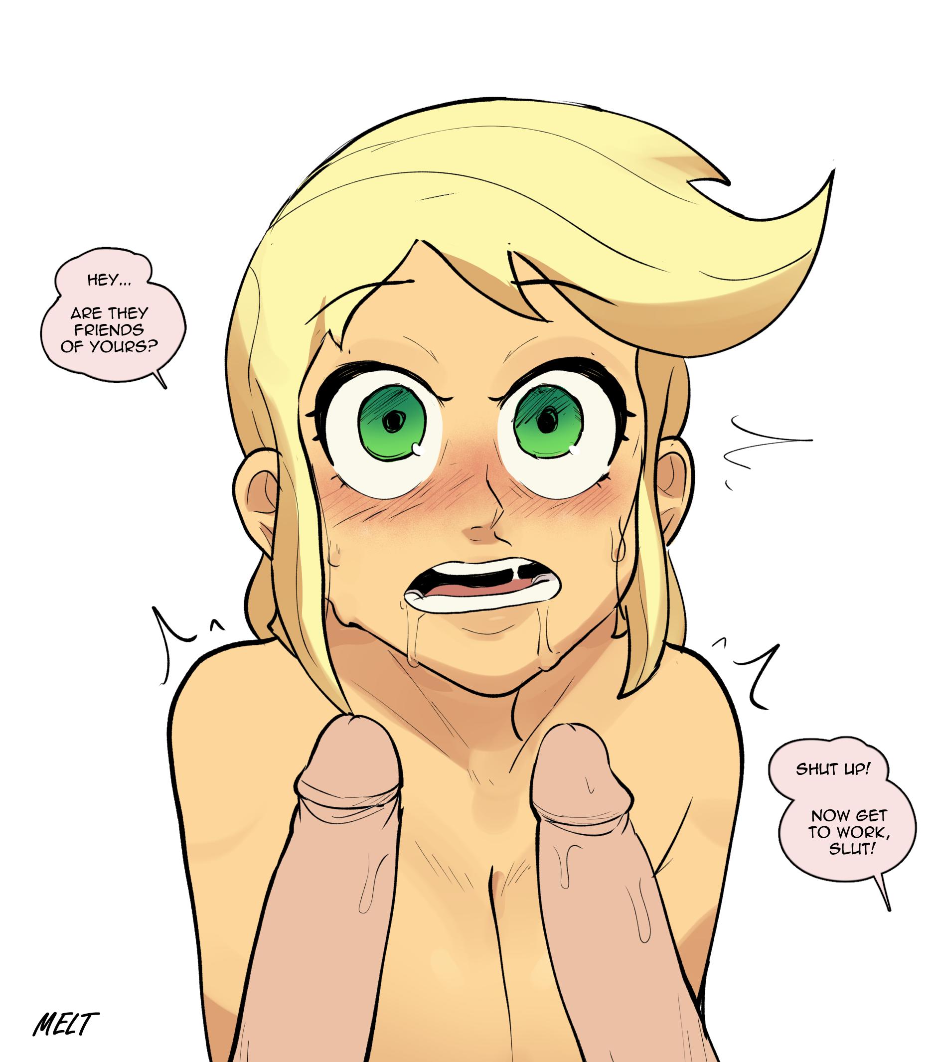 1girls, 2boys, applejack (eg), applejack (mlp), blonde hair, blush, equestria girls, female, female focus, human, human only, humanized, male, meltmenaw, my little pony, partial male, personification, straight hair, sweat, tagme, unseen male face, white background, wide eyed
