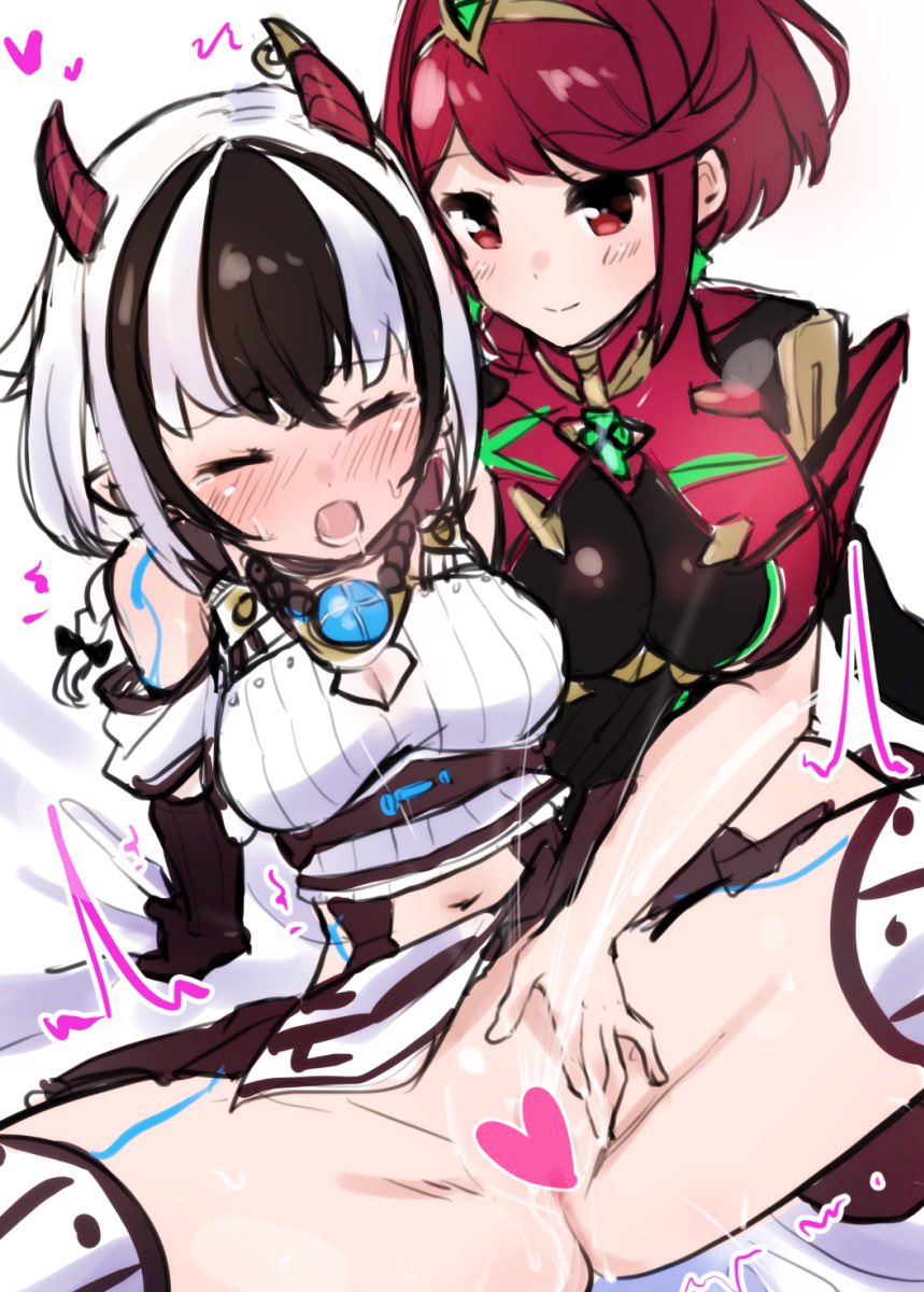 2girls, black hair, blush, breasts, core crystal, covered navel, crossette (xenoblade), eyes closed, female, horns, large breasts, masturbation, medium breasts, mokki, multicolored hair, multiple females, multiple girls, navel, nintendo, open eyes, pussy, pyra, red hair, short hair, sweat, vagina, white hair, xenoblade (series), xenoblade chronicles 2, yuri