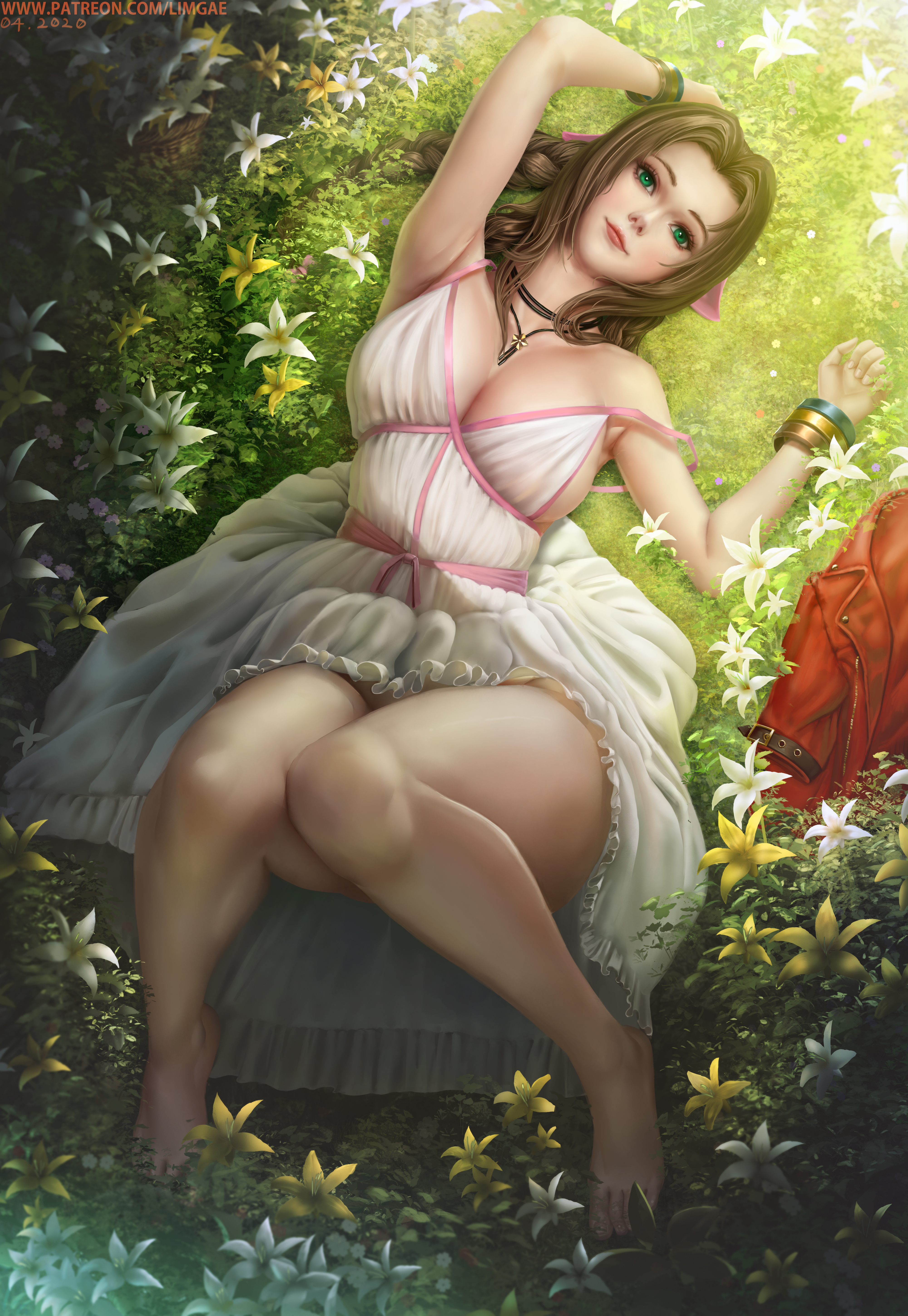 1girls, 2020, absurdres, aerith gainsborough, armpit crease, barefoot, bow, bracelet, braid, braided ponytail, breasts, cleavage, convenient leg, dated, dress, feet, female, final fantasy, final fantasy vii, flower, full body, grass, green eyes, hair ornament, hairbow, head tilt, high resolution, highres, jacket, jacket removed, jewelry, knees up, large breasts, light smile, lily (flower), limgae, lips, looking at viewer, lying, necklace, on back, on ground, patreon username, ponytail, sideboob, signature, single braid, sleeveless, sleeveless dress, solo, square enix, strap slip, thick thighs, thighs, tied hair, viewed from above, white dress