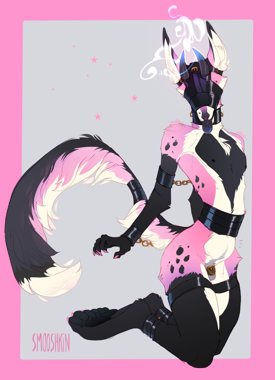 2020 4_toes 5_fingers anthro black_body black_fur canid canine chastity chastity_cage digital_media_(artwork) fingers fur hi_res horn hybrid male male_only mammal pink_body pink_fur smooshkin solo toes