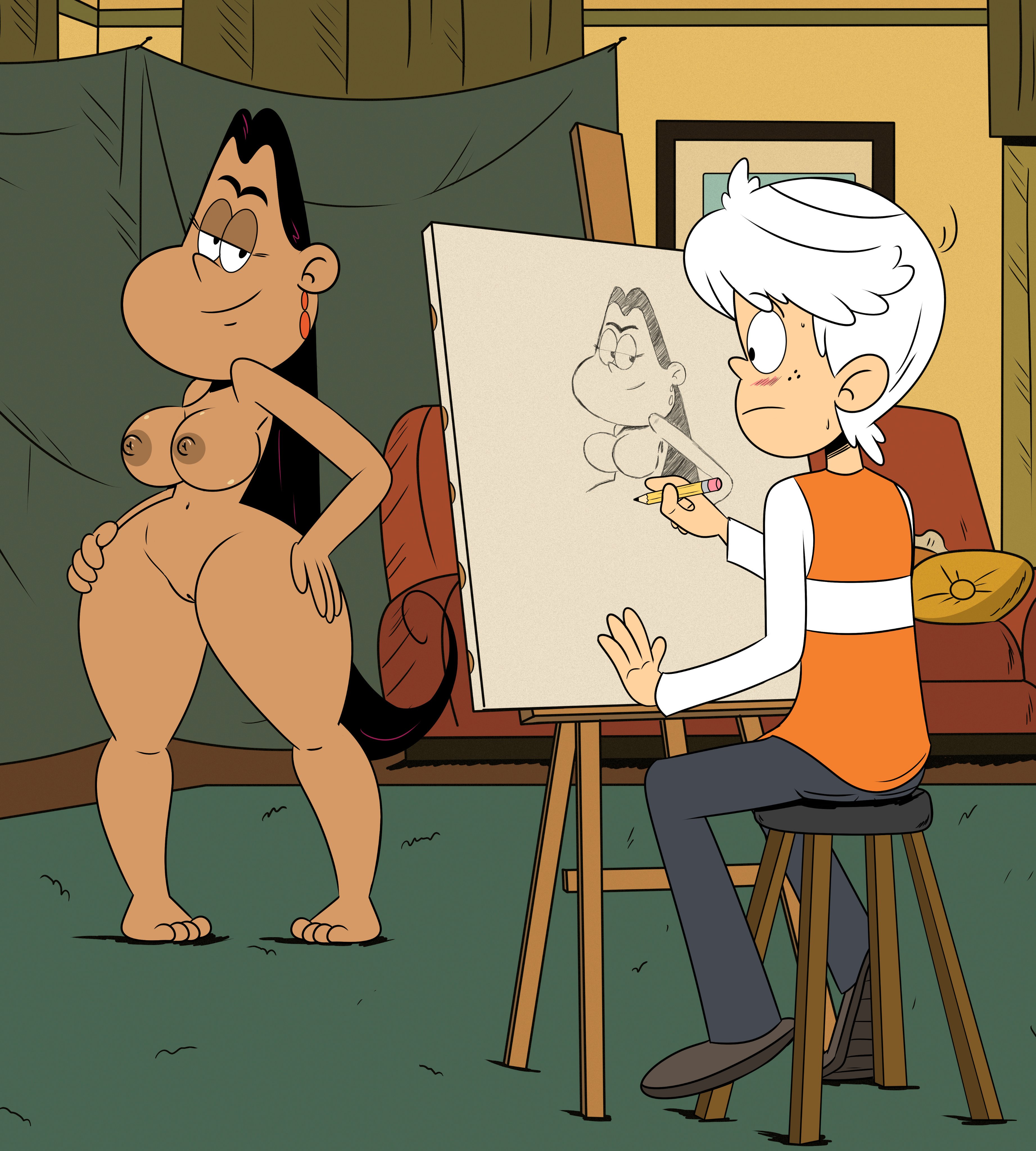 1boy, 1girls, aged up, barefoot, black hair, breasts, clothed male nude female, curvaceous, curvy, dark skin, dark-skinned female, drawing, feet, female, figure drawing, frida puga casagrande, half-closed eyes, latina, lincoln loud, long hair, male, naked, nipples, nude, older, posing, pussy, smile, sonson-sensei, straight hair, the casagrandes, the loud house, thick thighs, thighs, unibrow, wide hips