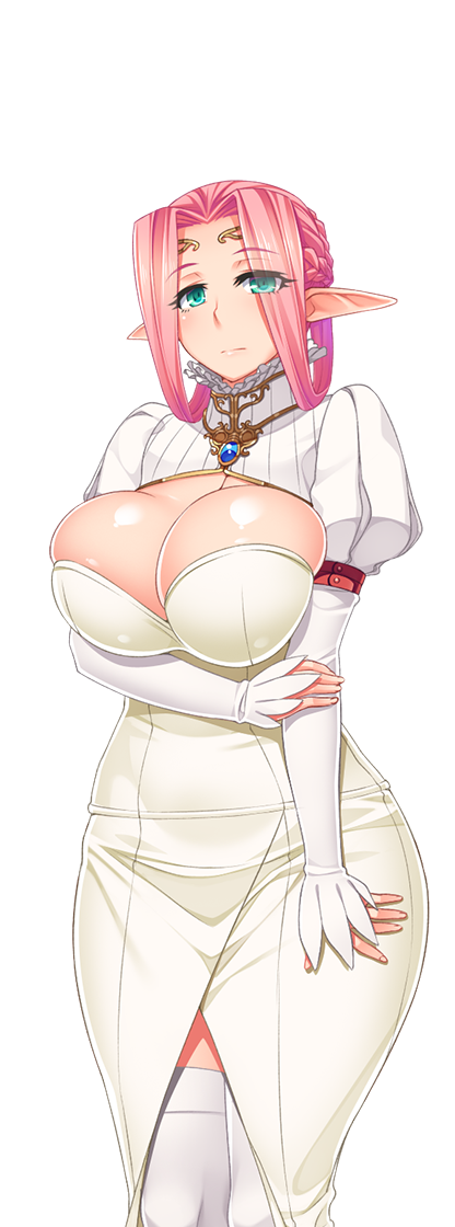 big_breasts clockup dress elf futanari_elf_kaikan_choukyou green_eyes long_hair oohara_kyuutarou pink_hair stockings