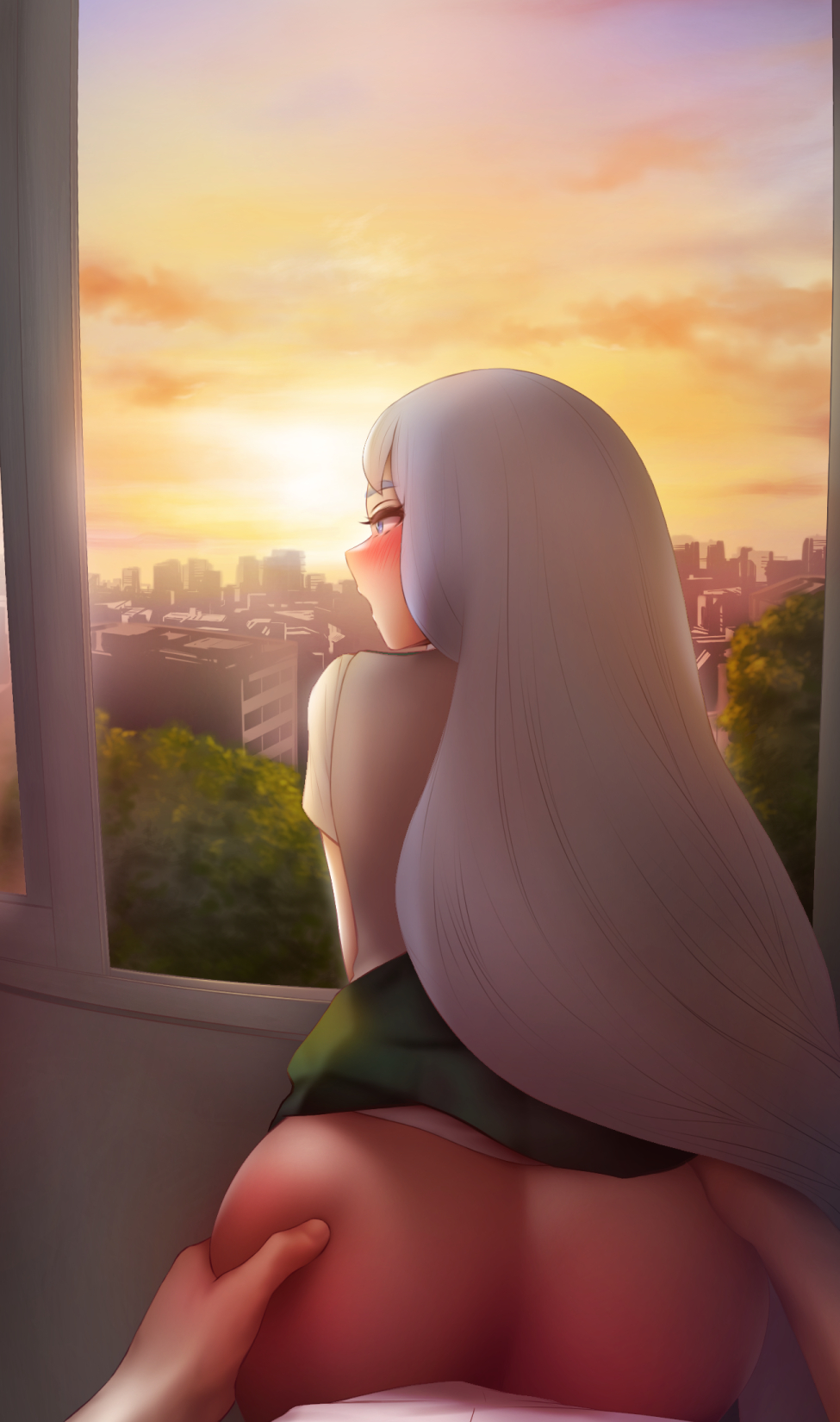 1boy 1girls ass ass_grab bent_over big_ass blue_hair blush clothed_sex doggy_style female hand_on_ass long_hair male my_hero_academia nejire_hado pov school_uniform shpo skirt straight sunset u.a._school_uniform window