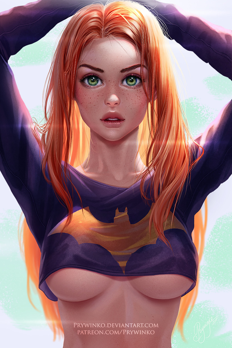 1girls, arms up, barbara gordon, batgirl, batman (series), breasts, clothed, clothed female, crop top, dc, dc comics, female, female only, orange hair, pinup, prywinko, redhead, solo, underboob, upper body