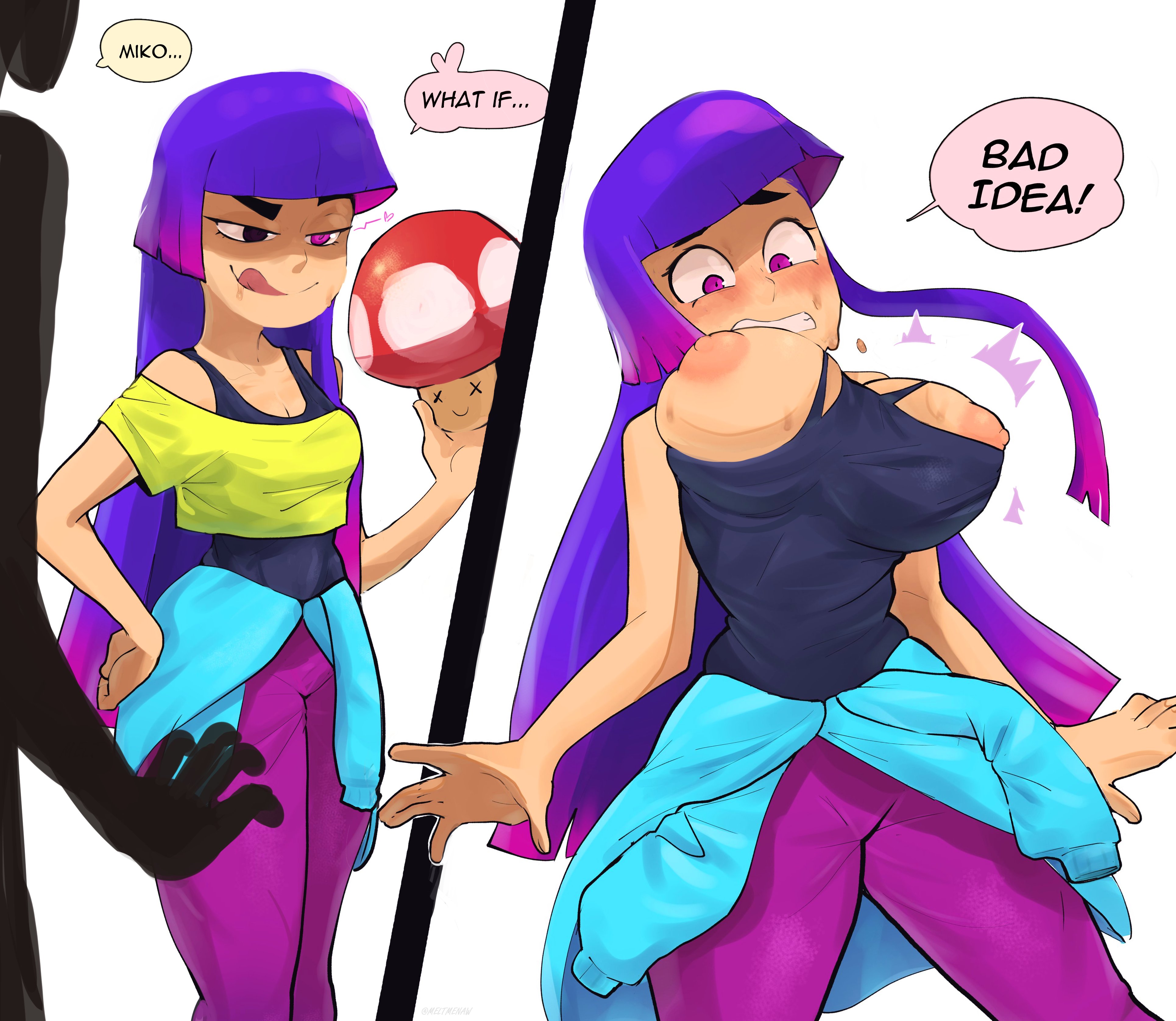 1boy, 1girls, aged up, blue hair, blush, breast expansion, breast growth, breast growth (enlargement), breasts, breasts out, female, glitch techs, large breasts, licking lips, long hair, male, meltmenaw, miko kubota, mushroom, nickelodeon, ripped clothing