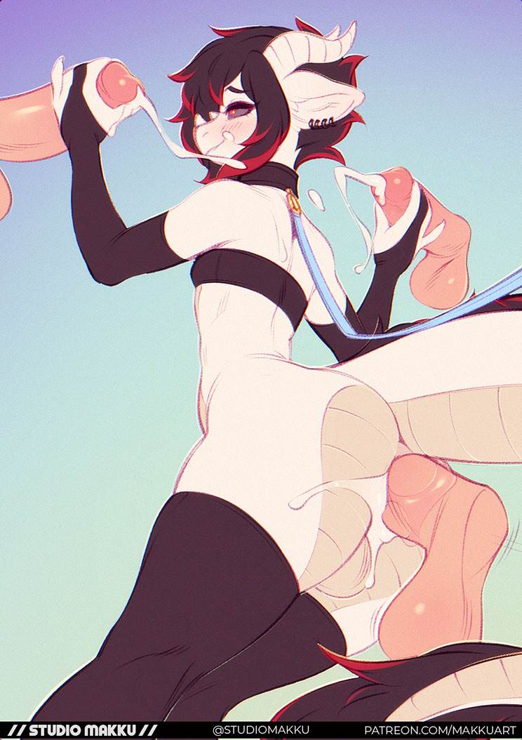 4boys, anal, anal sex, anthro, armwear, collar, cum, ear piercing, ejaculation, femboy, foursome, gay, girly, handjob, horns, leash, male, scalie, thighhighs, tubetop, yaoi