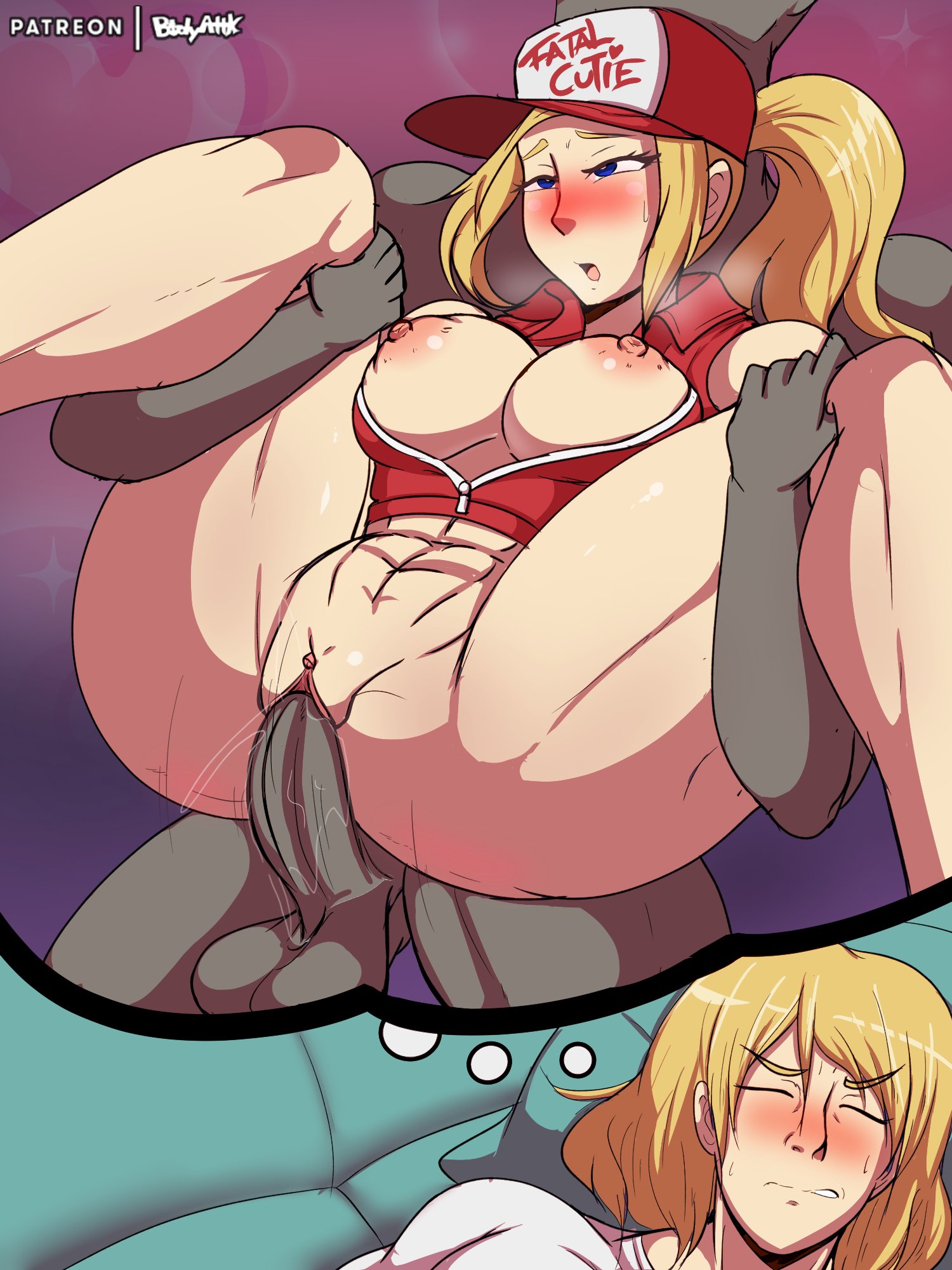 1boy, 1girls, baseball cap, blonde hair, blush, bodyattk, breasts, breasts out, canon genderswap, dark skin, dark-skinned male, dream, eyes rolling back, fatal fury, female, female terry, full nelson anal, genderswap, genderswap (mtf), interracial, king of fighters, leg grab, male, muscular, muscular female, nude, open mouth, pussy, rule 63, snk, snk heroines: tag team frenzy, stand and carry position, standing, standing sex, straight, sweat, terry bogard, vaginal penetration