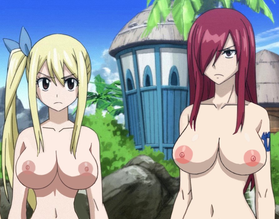 2girls accurate_art_style areolae blonde_hair breasts brown_eyes busty edit erect_nipples erza_scarlet fairy_tail female female_only hair_over_one_eye long_hair lucy_heartfilia multiple_girls naked nature nipples nude nude_filter outdoors outside ponytail red_hair screenshot_edit szut tattoo tied_hair