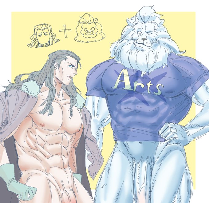 2boys bara cape eyes fate/grand_order fate_(series) fur furry furry_and_homan furry_ears grey_hair human interspecies lion male male_only mane muscles muscular muscular_male nikola_tesla_(fate) nipples shirt thomas_edison_(fate) toranjista white_fur yellow_background