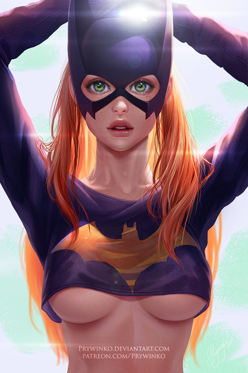 1girls, arms up, barbara gordon, batgirl, batman (series), breasts, clothed, clothed female, crop top, dc, dc comics, female, female only, masked, orange hair, pinup, prywinko, redhead, solo, underboob, upper body