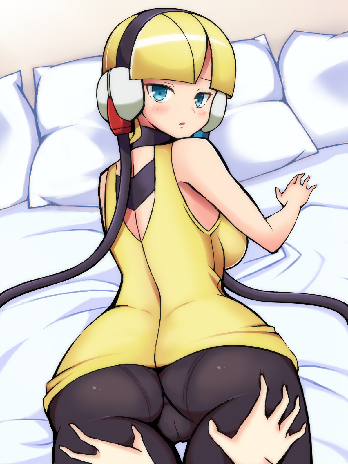 2014, 2girls, armpits, ass, ass grab, back, bangs, bare arms, bare shoulders, bed, bed sheet, big ass, blonde hair, blue eyes, blush, breasts, cameltoe, choker, chro, clothed, clothing, elesa (pokemon bw), elesa (pokemon), female, female only, female pov, fully clothed, gym leader, hair ornament, headphones, highres, human, human only, indoors, looking at viewer, lying, medium breasts, multiple females, multiple girls, nintendo, on stomach, open mouth, panties, pantyhose, pillow, pokemon, pokemon bw, pov, pussy, short hair, sleeveless, sleeveless shirt, solo focus, thick thighs, thighs, wide eyed, yellow clothing, yuri