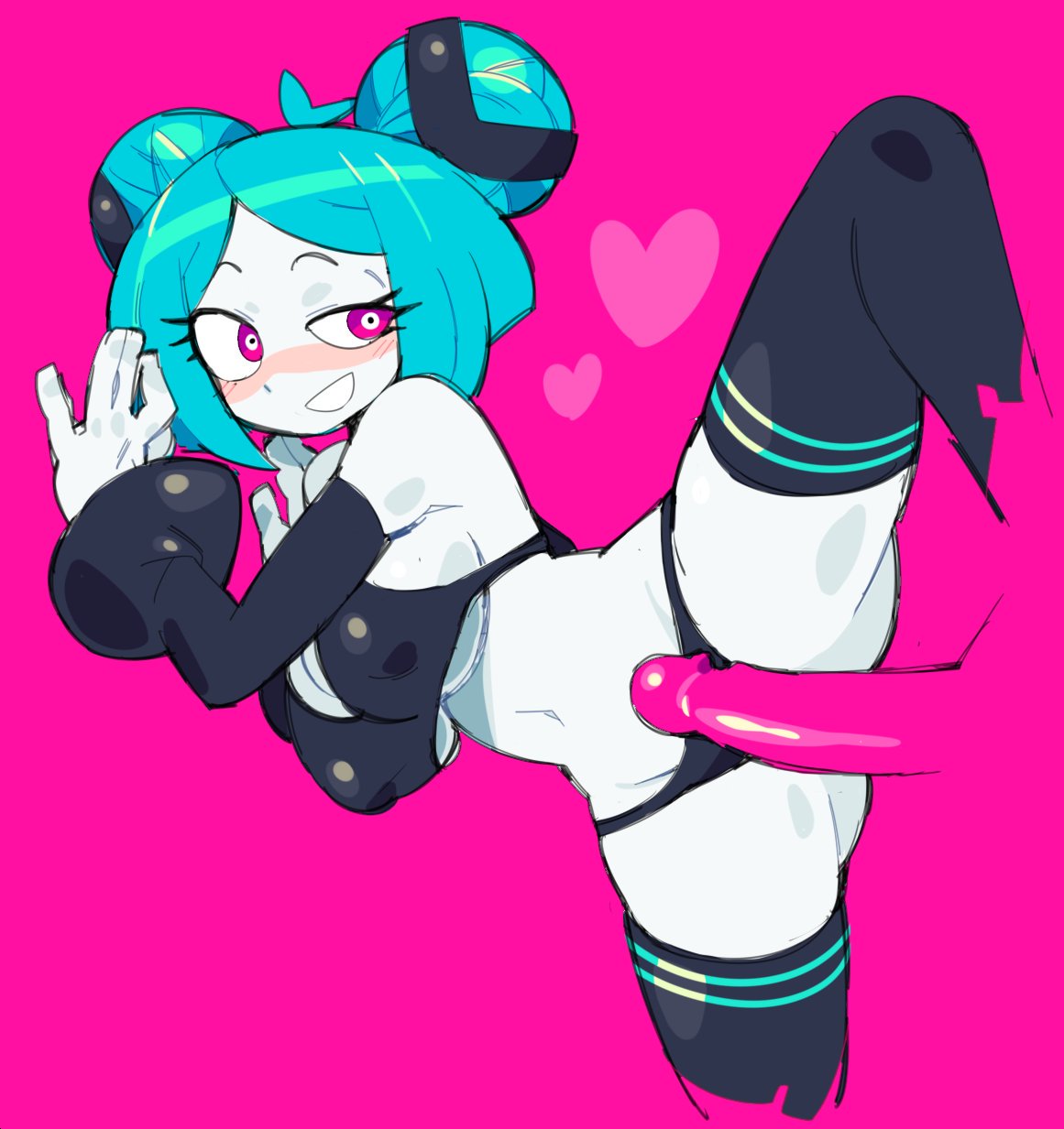 arm warmers, blue hair, blue-chan, blush, bra, breasts, clothed sex, double bun, female, glassrunner, hair bun, hair buns, heart, male, navel, panties, penis, penis awe, pink eyes, thighhighs, underboob, underwear, white skin