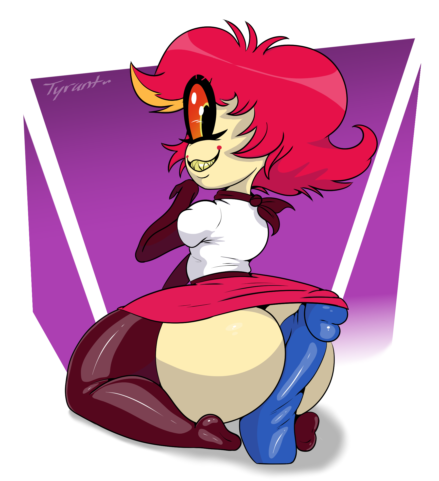 1girls, ass, assjob, big ass, big butt, buttjob, clothed, cyclops, dildo, female, hazbin hotel, hot dogging, looking back, multicolored hair, neckerchief, niffty, red hair, sharp teeth, short hair, shortstack, skirt, skirt lift, smile, smooth skin, solo, solo female, solo focus, spindlehorse toons, stockings, straight hair, teeth, thetyrant, vivienne medrano, vivziepop