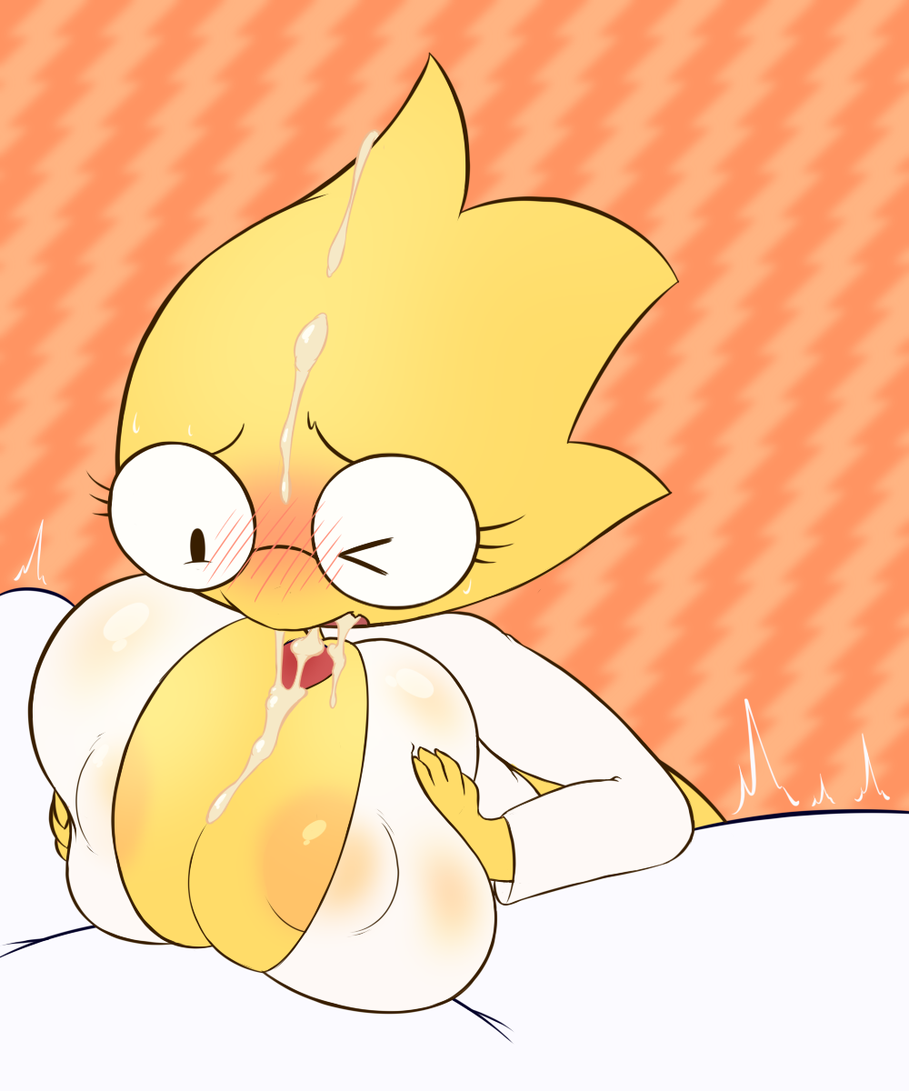 alphys anthro big_breasts blush bodily_fluids breasts clothed clothing cum cum_between_breasts cum_in_mouth cum_inside cum_on_breasts cum_on_face duo eyewear female genital_fluids glasses hi_res k--10 male nipples open_mouth paizuri penile reptile scalie sex straight titjob undertale video_games