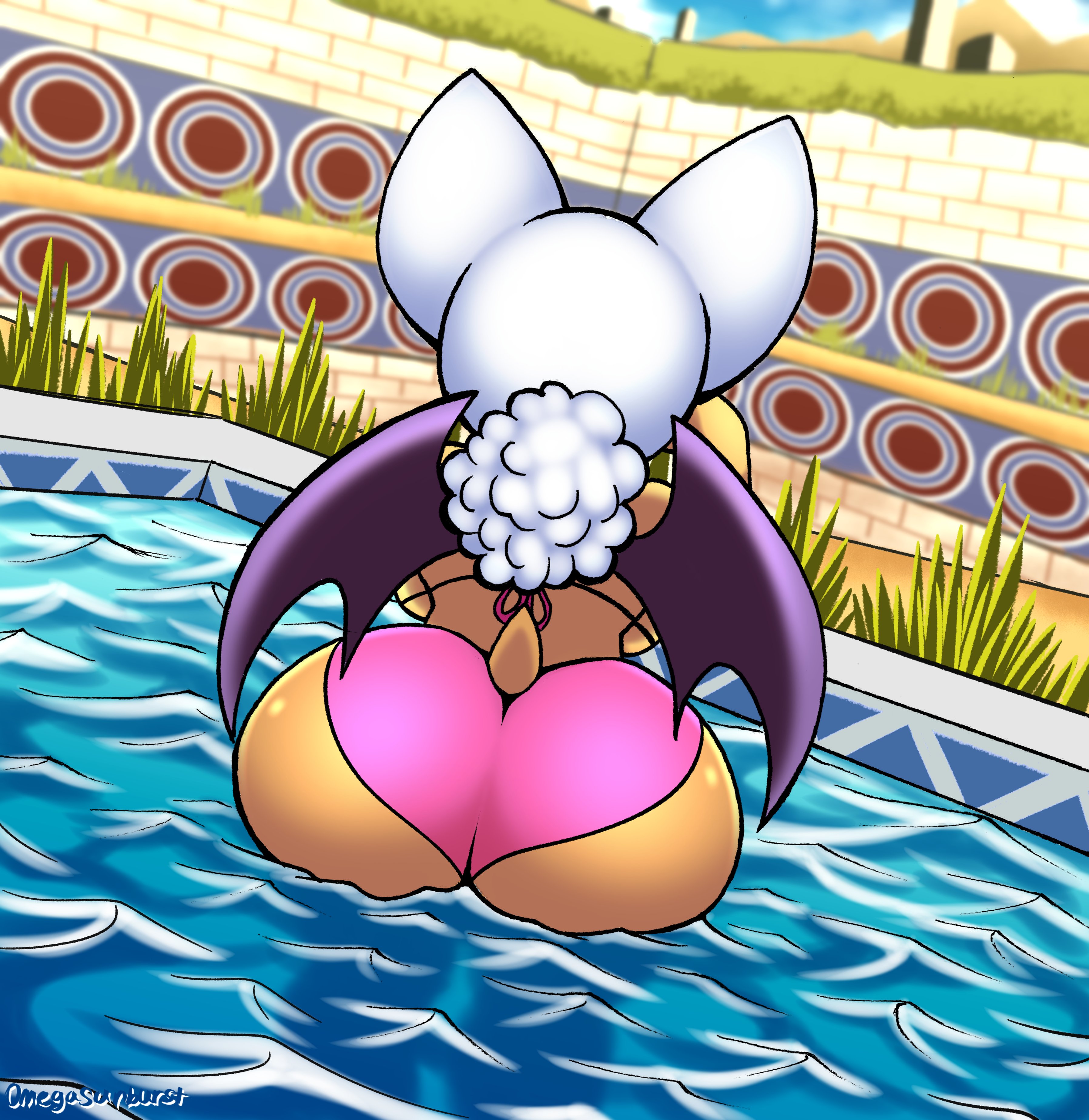 ass, ass focus, back view, bat wings, big ass, bikini, bimbo, bubble ass, bubble butt, female, female only, from behind, furry, large ass, omegasunburst, pool, rear view, rouge the bat, sega, sonic (series), thick ass, wide hips