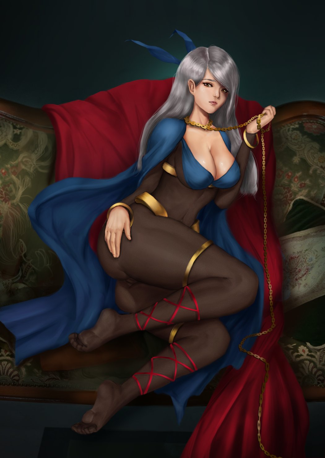 alternate_costume alternative_costume ass big_breasts bodysuit churuchuchux cleavage couch feet fire_emblem fire_emblem:_radiant_dawn fire_emblem_awakening micaiah_(fire_emblem) sliver_hair sofa tharja_(fire_emblem)_(cosplay)