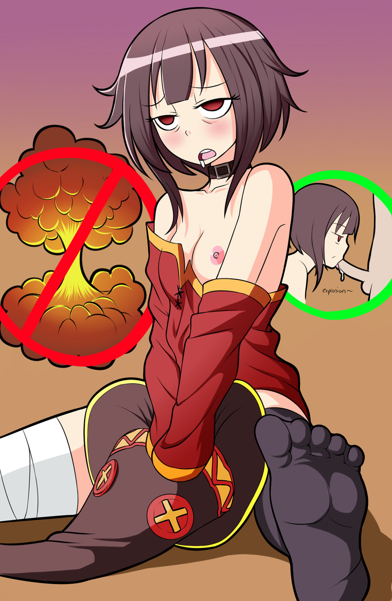 1girls barefoot blowjob drooling explosion feet fellatio female foot_fetish kono_subarashii_sekai_ni_shukufuku_wo! megumin mushroom_cloud nuclear_blast nuclear_explosion socks soles stockings