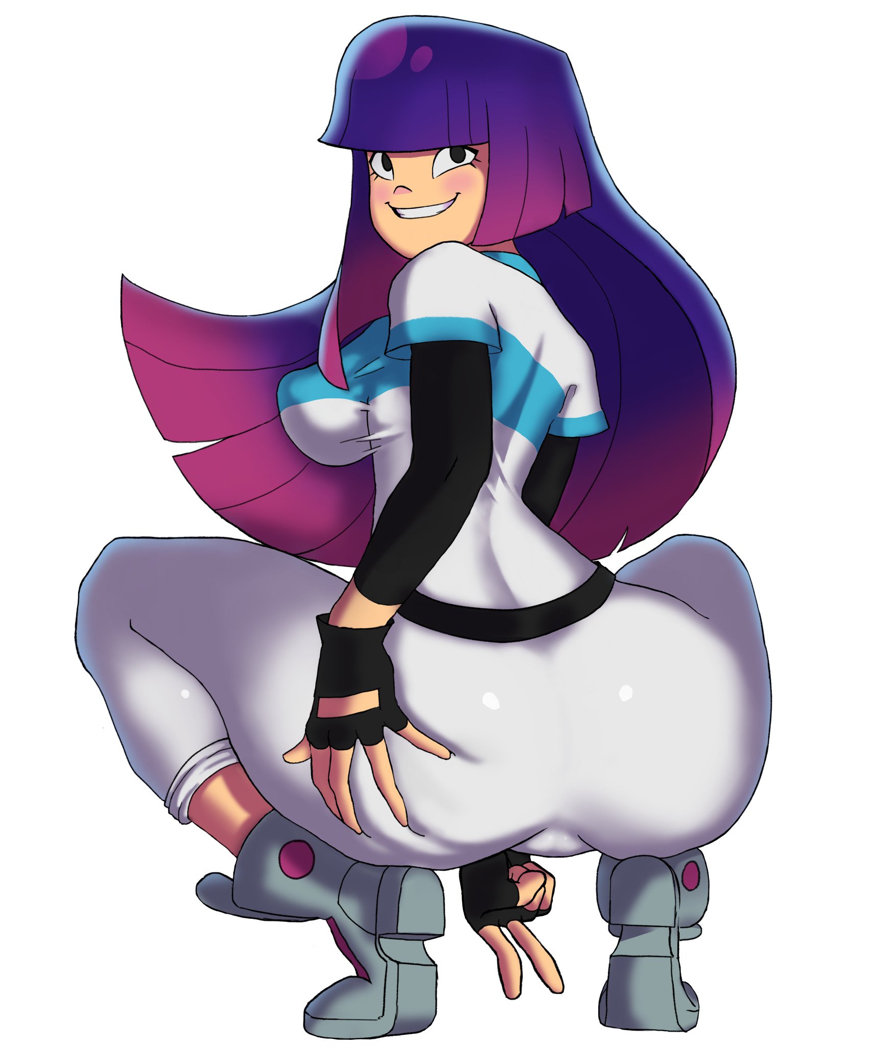 1girls, aged up, blush, bodysuit, boots, breasts, cameltoe, female, glitch techs, looking back, miko kubota, nipple bulge, pokpa, purple hair, pussy, shluv98bu, skin tight, smile, smooth skin, solo, squatting, thick thighs