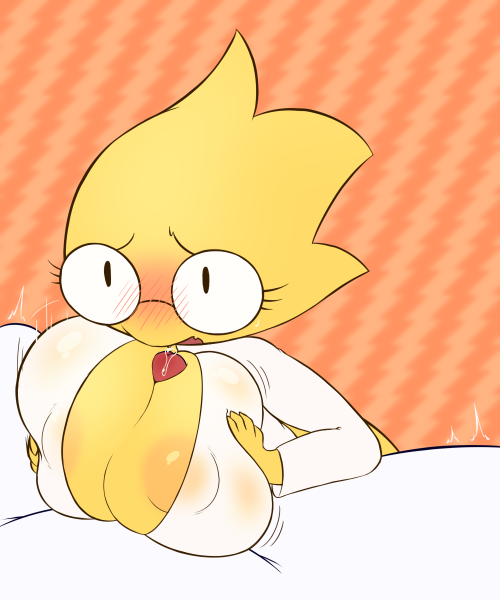 alphys anthro big_breasts blush bodily_fluids breasts clothed clothing duo eyewear female genital_fluids glasses hi_res k--10 male nipples open_mouth paizuri penile precum reptile scalie sex straight titjob undertale video_games