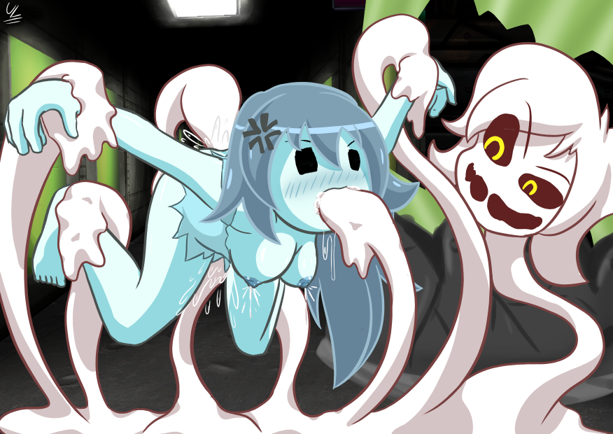anal, angry, black sclera, blue hair, blue nipples, blue skin, blush, breasts, cross-popping vein, crossover, delirium (the binding of isaac), digital media (artwork), dot eyes, dress, dripping, dripping pussy, fellatio, female, female focus, ghost, glowing eyes, goo creature, grinding, laboratory, lactation, lifted, long hair, medium breasts, mob face, monster, oral, pussy, short hair, slime, spooky (shojs), spooky's house of jump scares, spooky's jump scare mansion, tentacle, tentacle monster, tentacle rape, the binding of isaac, topless, torn clothes, triple penetration, unknownlewder, white body, white skin, yellow eyes, young