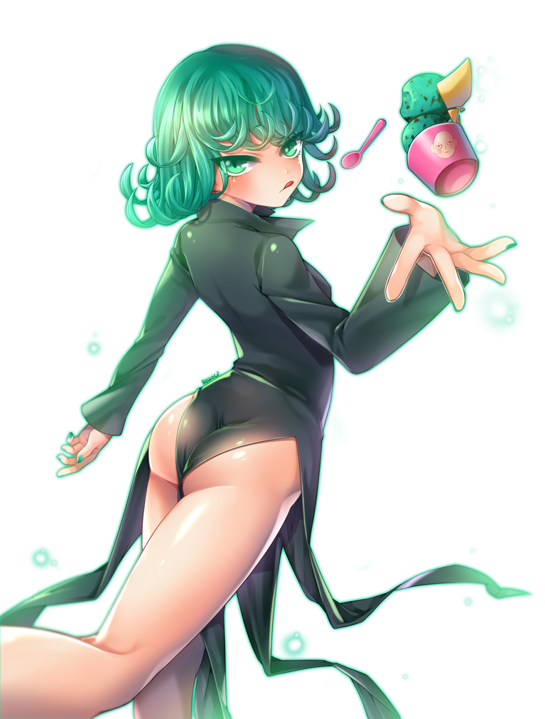 1girls, bald, blush, breasts, clothed, clothing, female, female focus, female only, green eyes, green hair, ice cream, licking lips, looking at viewer, looking back, medium hair, no panties, one-punch man, rewolf (artist), saitama, small breasts, solo, solo female, solo focus, tatsumaki, thick thighs, thighs