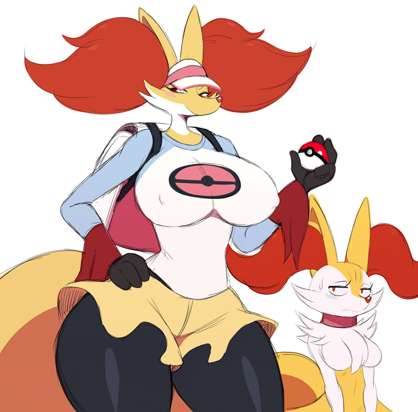 2018, backpack, big breasts, black pantyhose, braixen, breasts, camelas, canid, clothed, delphox, female, fox ears, fox tail, furry, nintendo, nose, pantyhose, pokémon (species), pokeball, pokemon, pokemon (species), pokemon bw2, red eyes, red fur, red nose, rosa (pokemon) (cosplay), skirt, sssonic2, visible nipples, white background, white fur, yellow fur, yellow skirt
