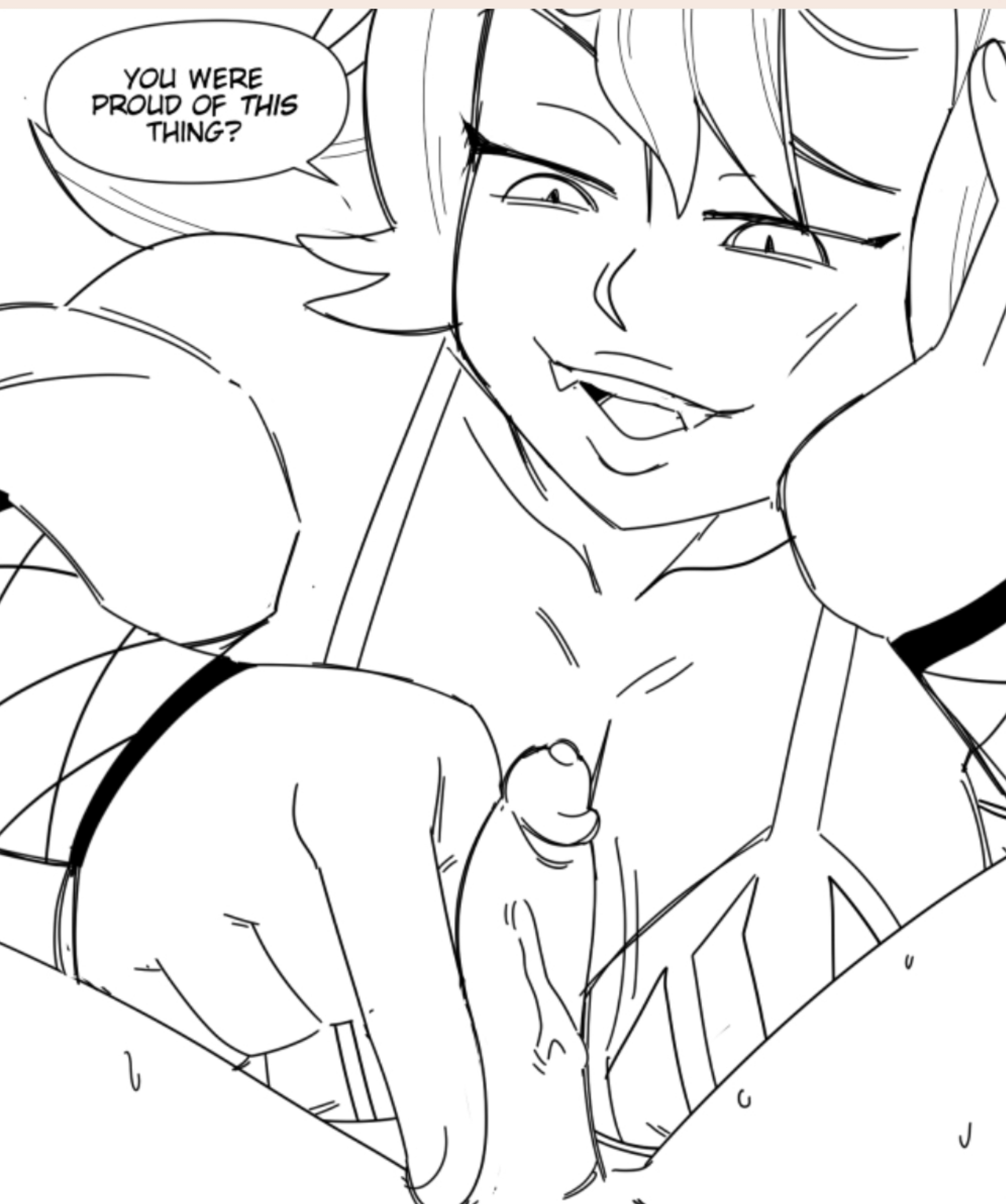 bra, breasts, female, handjob, laughing, long hair, male, medium breasts, micropenis, penis, precum, sharp teeth, sketch, small penis, small penis humiliation, smile, smug face, tiny penis, two-finger handjob