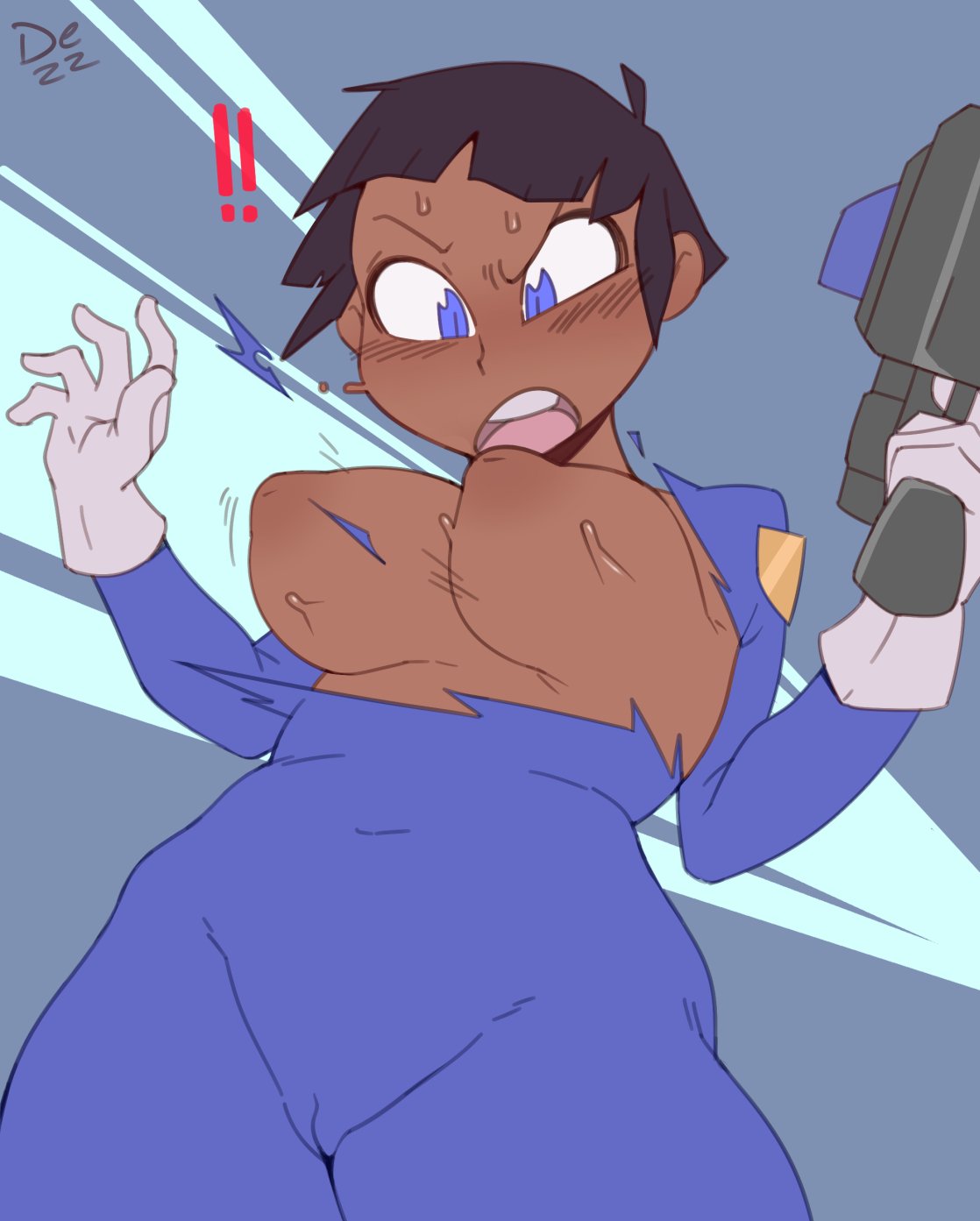 !! black_hair blue_eyes breasts cameltoe dezz exposed_breasts female gun jumpsuit nuclear_throne rogue_(nuclear_throne) solo solo_female torn_clothing