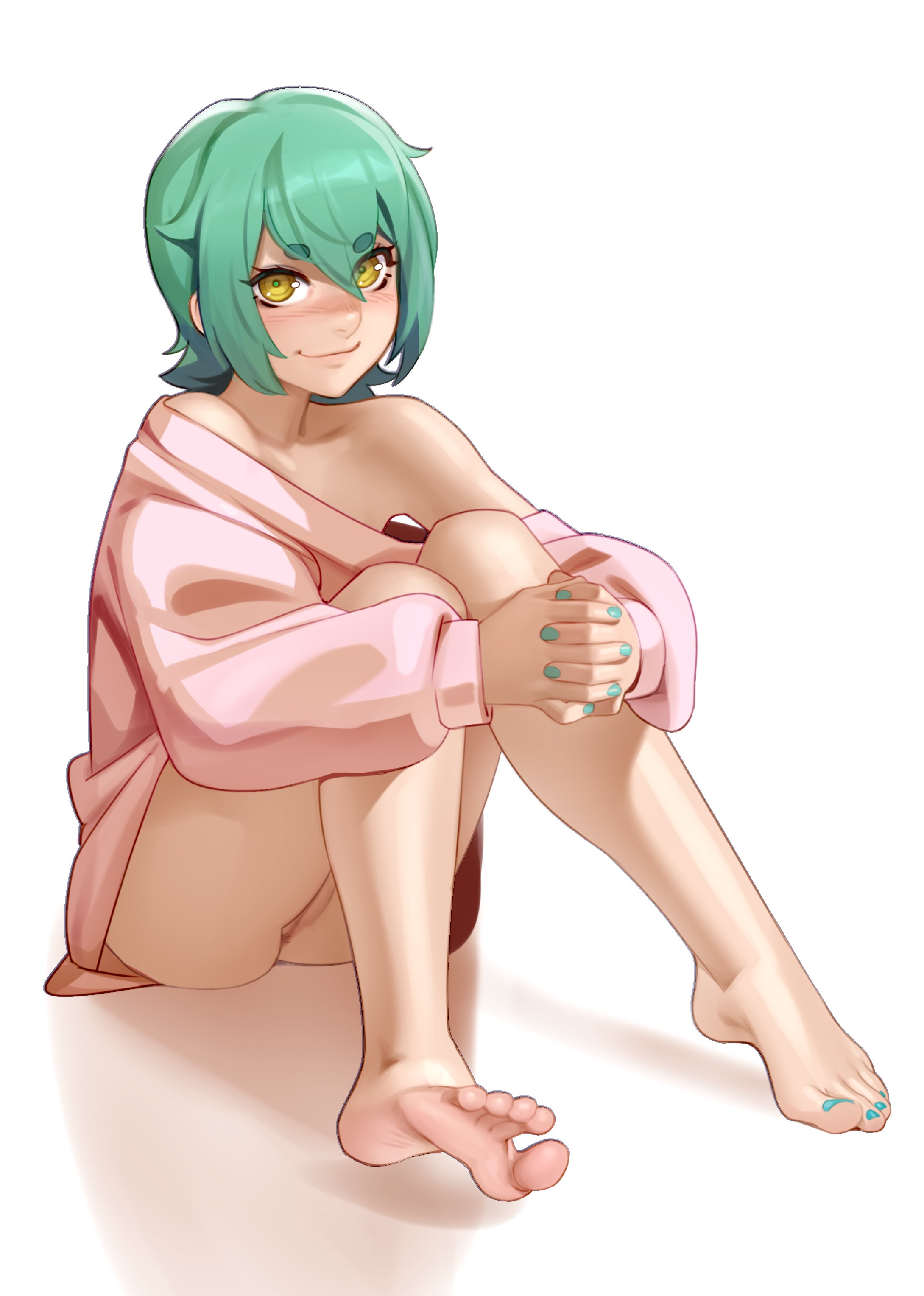 1girls, absurdres, barefoot, feet, female, female only, foot fetish, greek toe, green toenails, highres, kairuhentai, kairunoburogu, looking at viewer, nail polish, pussy, soles, solo, toes, uncensored
