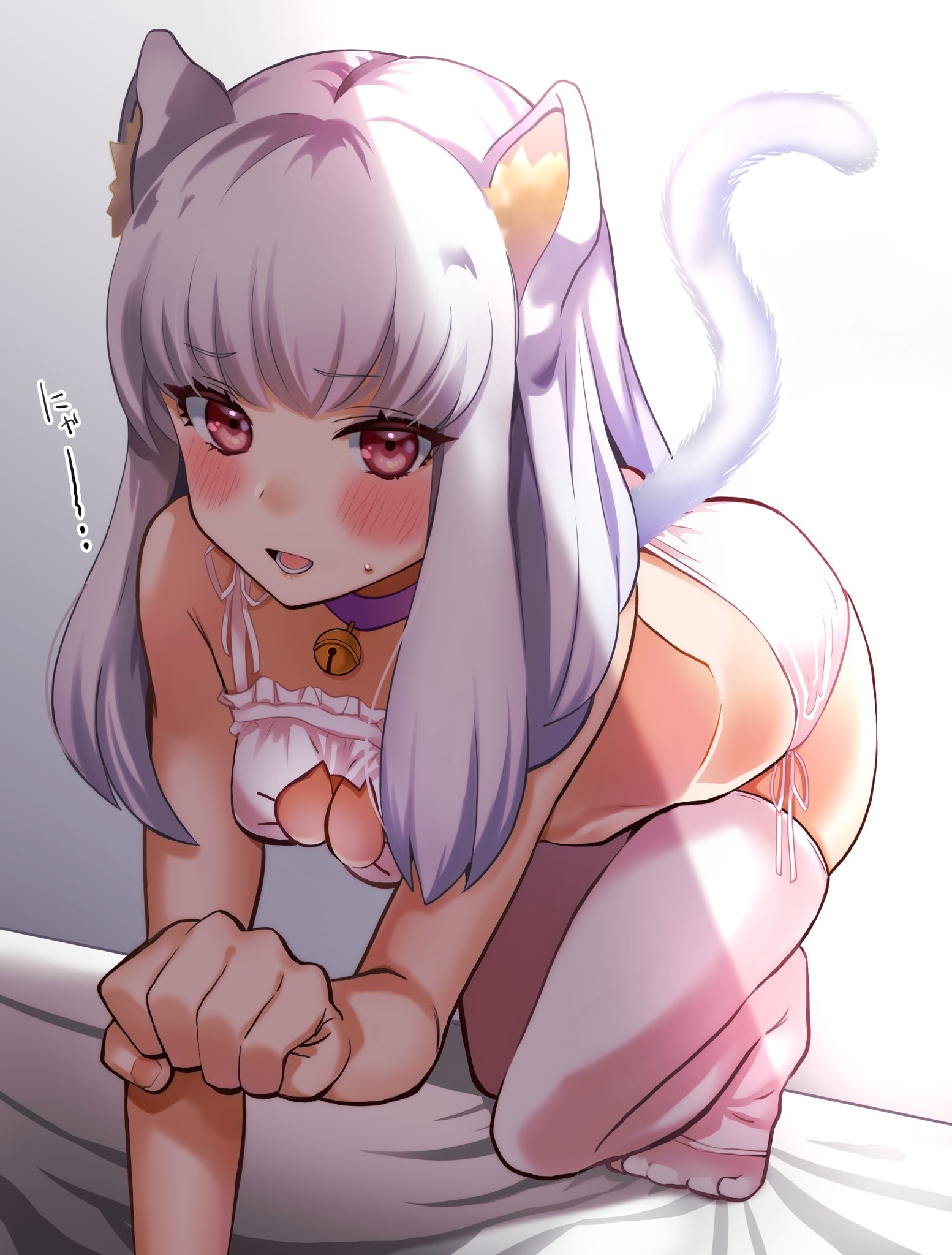 1girls, bell collar, blush, breasts, cat ears, cat girl, cat keyhole lingerie, catgirl, female, female only, fire emblem, fire emblem: three houses, lysithea von ordelia, nekomimi, nintendo, oroshipon zu, small breasts, solo, tail, white hair, white panties