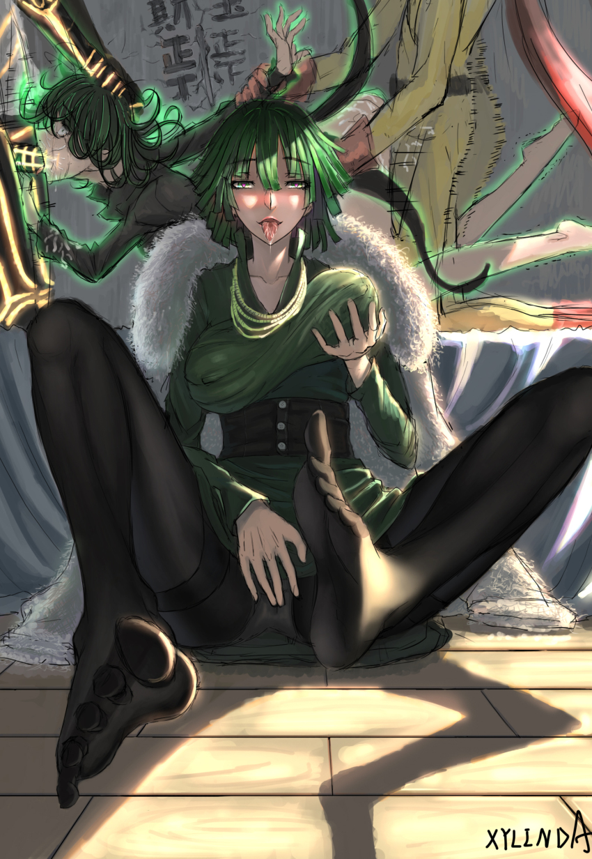 2boys 2girls big_breasts clothed clothing cybernetics cyborg esper_sisters feet female female_focus from_behind fubuki_(one-punch_man) genos green_eyes green_hair hand_on_breast hand_on_pussy looking_at_viewer male medium_hair multiple_boys multiple_girls nipple_bulge one-punch_man pantyhose saitama saliva saliva_trail solo_focus spitroast tatsumaki thick_thighs thighband_pantyhose threesome tongue tongue_out xylinda