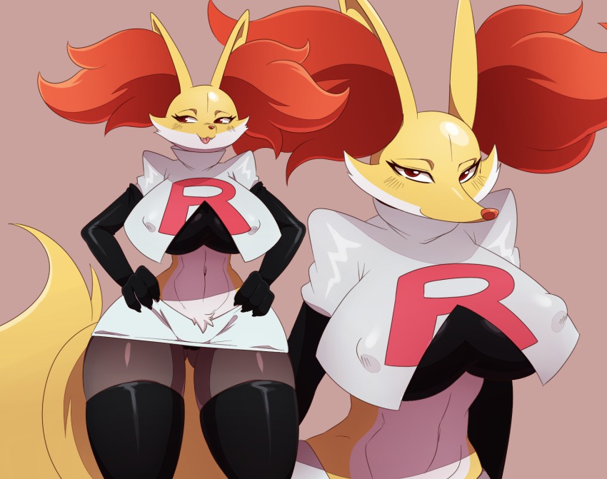 belly_button big_breasts black_boots black_gloves black_pantyhose boots canine_teeth cosplay delphox elbow_gloves embarrassed erect_nipples_under_clothes fox fox_ears fox_tail furry gloves hands_on_hips latex latex_gloves looking_at_viewer miniskirt nintendo open_mouth pantyhose pokémon_(species) pokemon pokemon_xy red_fur red_hair simple_background solo_female sssonic2 stomach tagme team_rocket team_rocket_(cosplay) team_rocket_uniform teeth thighhighs visible_nipples white_fur wide_hips yellow_fur