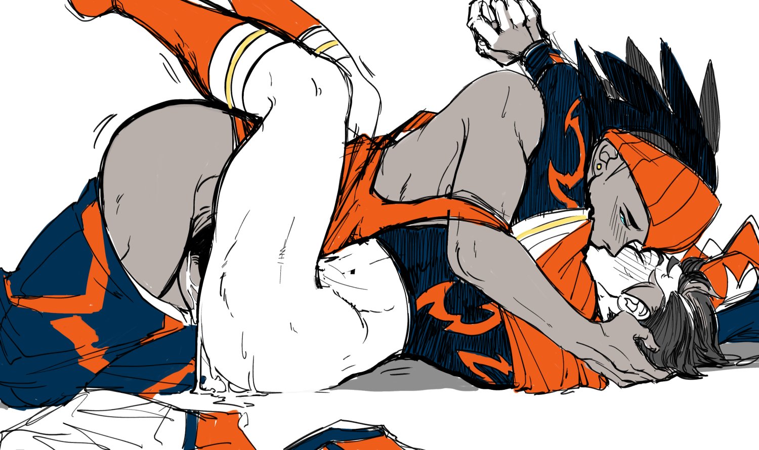 2boys, age difference, anal, anal creampie, anal penetration, anal sex, arched back, ass, bottomless, clothed, clothing, color, creampie, cum, cum in ass, cum inside, dark skin, dark-skinned male, gay, human, human only, interracial, kabu (pokemon), kissing, light skin, light-skinned male, male, male only, nintendo, pale skin, pale-skinned male, pokemon, pokemon ss, raihan (pokemon), sportswear, voxxslash, white background, yaoi