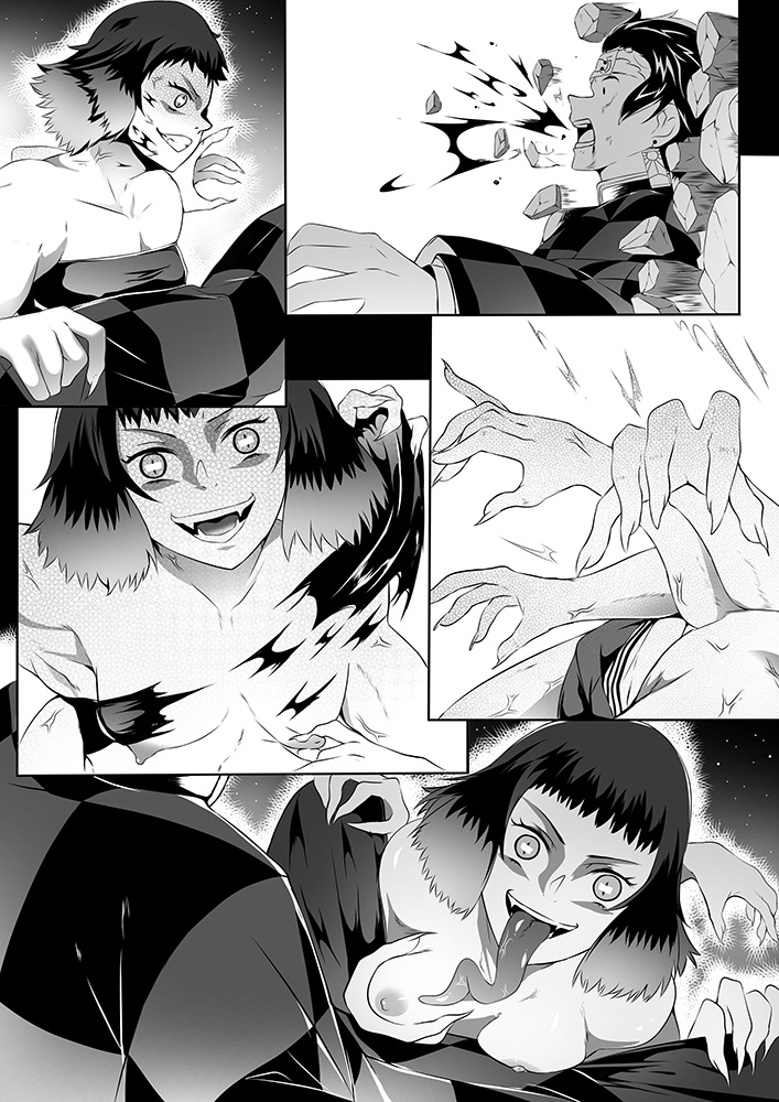 1boy 1girls blood breasts comic crazy_eyes defeated demon demon_girl demon_slayer fangs fellatio female femdom human imminent_deepthroat imminent_oral interspecies kamado_tanjirou kimetsu_no_yaiba long_tongue male_human/female_demon monochrome multi_arm multi_limb nipples oerba_yun_fang oral oral_sex rape straight susamaru tearing_clothes