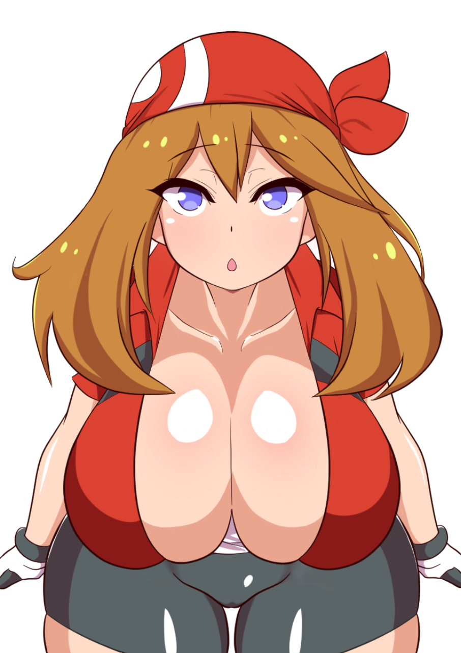 big breasts, blue eyes, breasts, brown hair, dd (artist), female, female only, human, may (pokemon), nintendo, nipples, nipples visible through clothing, pokemon, pokemon rse, short hair, solo, solo female, solo focus