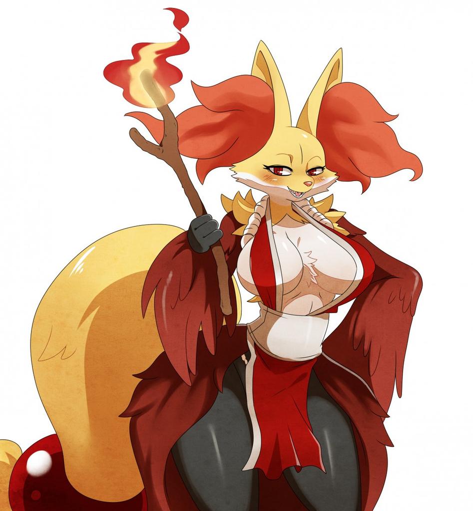 delphox, fatal fury, female, fire, fox ears, fox tail, furry, kunoichi, mai shiranui (cosplay), nintendo, pokemon, red eyes, red fur, snk, sssonic2, stick, tagme, thick thighs, white fur, yellow fur
