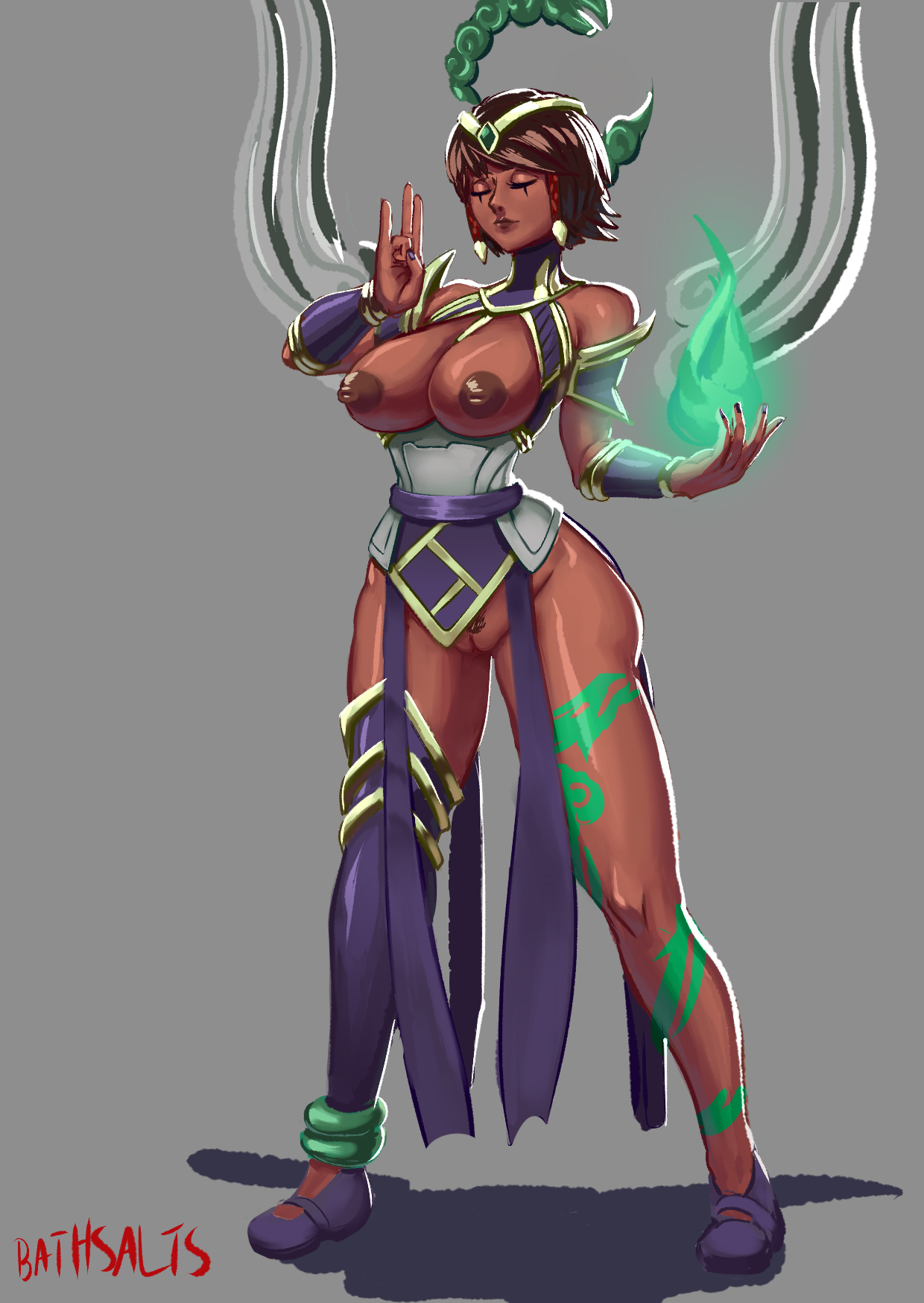 1girls, bathsalts1, breasts, brown hair, closed eyes, clothed, exposed breasts, eyes closed, female, karma (league of legends), league of legends, pubic hair, pussy, solo, solo female, tagme, tattoo, thighs