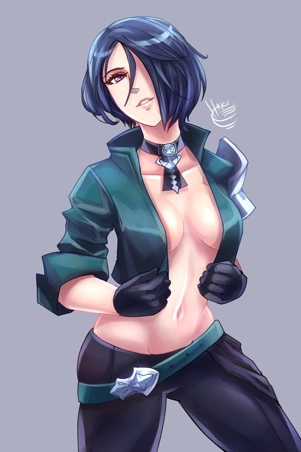 1girls, blue hair, breasts, choker, cleavage, female, female only, fire emblem, fire emblem: three houses, gloves, hair over one eye, hakuramen, medium breasts, nintendo, open shirt, purple eyes, purple hair, shamir nevrand, short hair, solo, source request