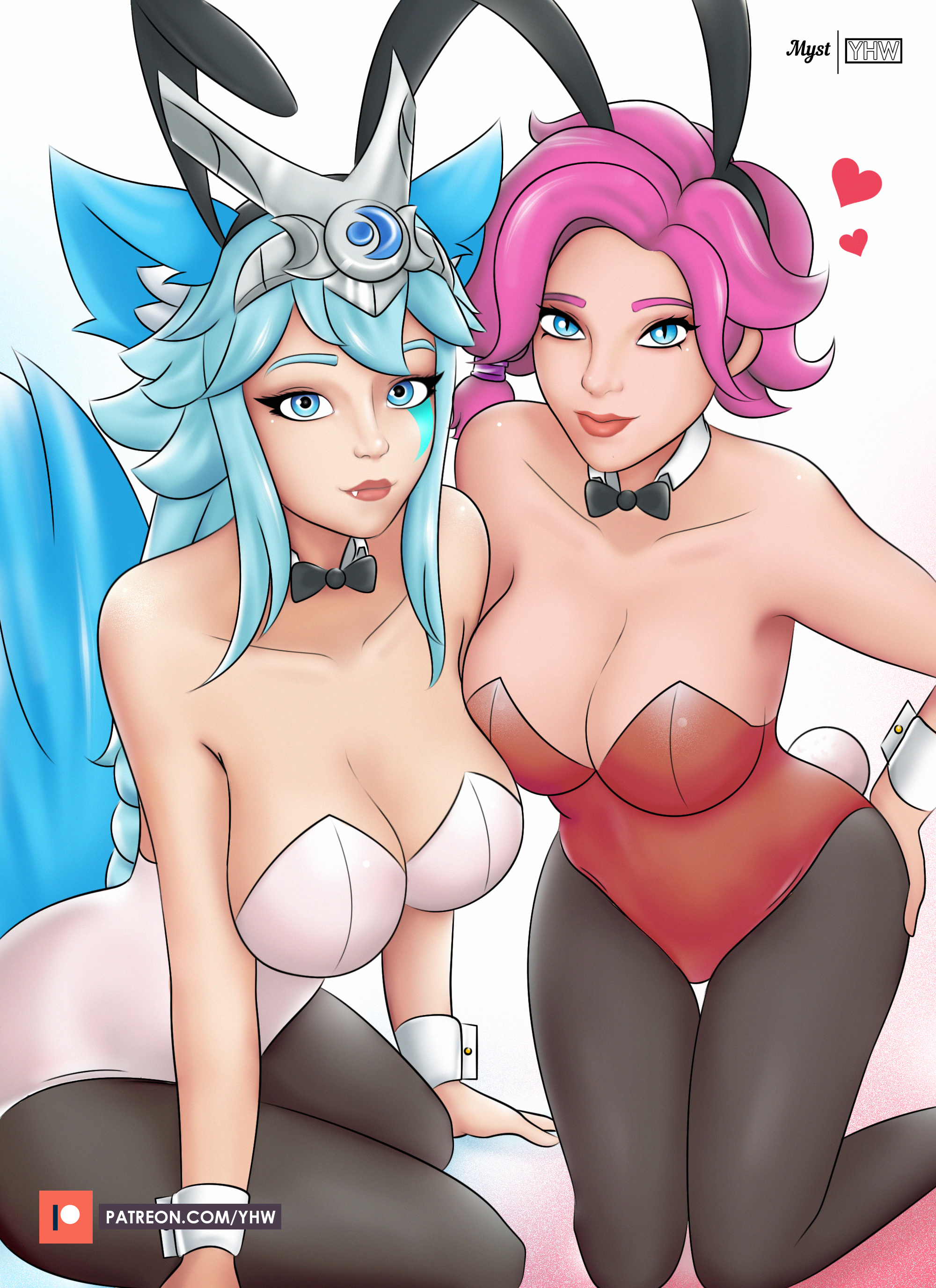 2girls, alternate breast size, big breasts, blue eyes, blue hair, bowtie, breasts, bunny ears, bunny girl, bunnysuit, cleavage, female, female only, fox ears, fox tail, heart, io (paladins), large breasts, looking at viewer, maeve (paladins), myst, paladins, pink hair, white skin, yhw