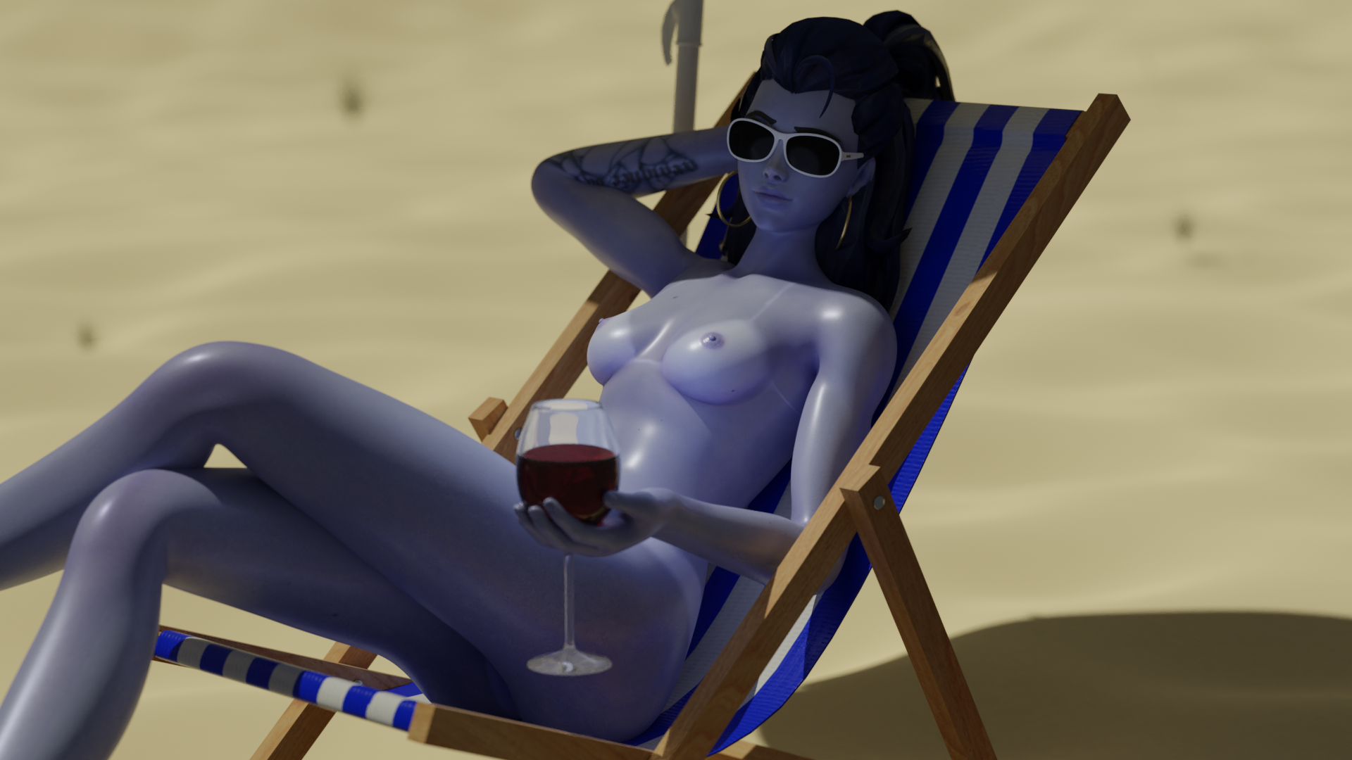 1girls, 3d, alcohol, amelie lacroix, beach, blizzard entertainment, blue skin, breasts, cote d'azur widowmaker, earrings, female, female only, hoop earrings, laying, long hair, looking at viewer, lying, lying on back, nipples, nude, nude female, overwatch, qyti, sci-fi, science fiction, scifi, smile, solo, solo female, sunglasses, tanline, tattoo, tinted eyewear, widowmaker, wine, wine glass