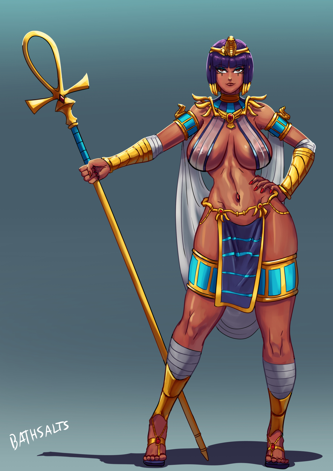 1girls, bathsalts1, commission, egyptian, female, loincloth, nipples visible through clothing, original character, solo, solo female, staff, tagme