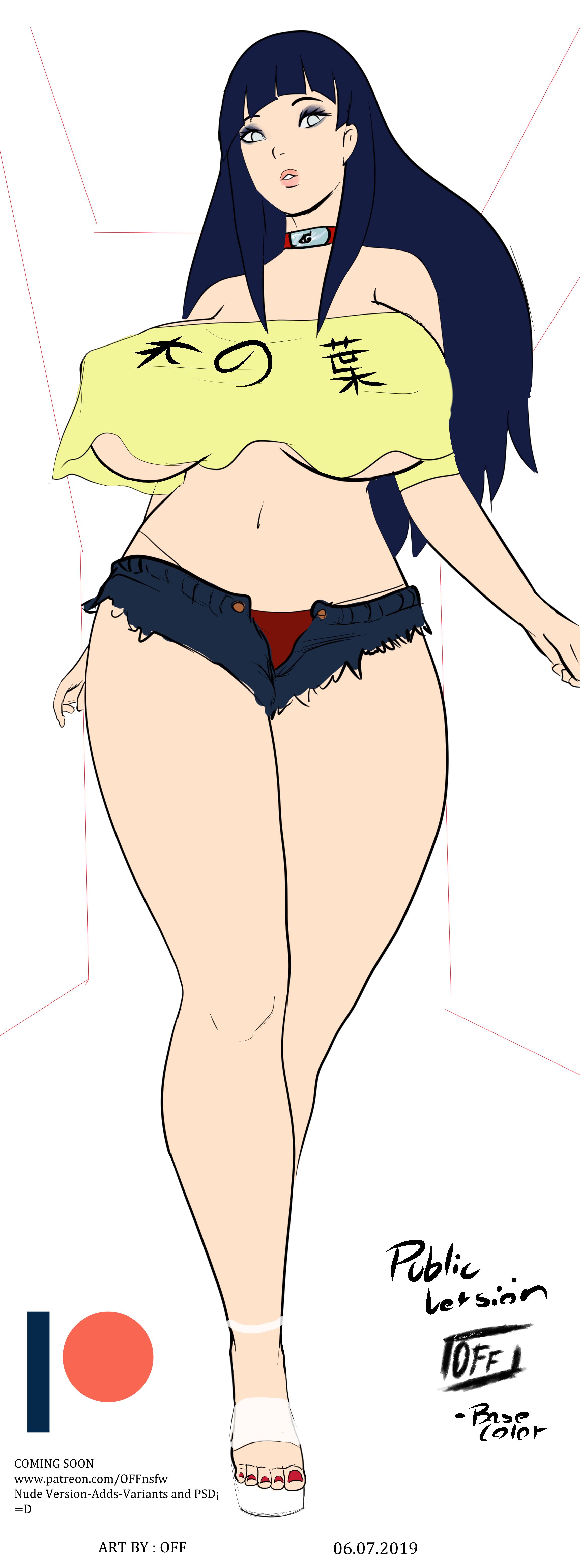 alternate breast size, ass, bare legs, bare shoulders, bare thighs, big breasts, big nipples, blue hair, breasts, crop top overhang, erect nipples, eyelashes, eyeliner, female, female only, heavenly butts, high heels, hyuuga hinata, jean shorts, large ass, long hair, long legs, looking at viewer, midriff, midriff baring shirt, naruto, naruto (series), naruto shippuden, navel, nipples, off (artist), revealing clothes, shoes, short shorts, shorts, skimpy clothes, solo, solo female, tagme, thick thighs, thighs, unbuttoned, unbuttoned shorts, underboob