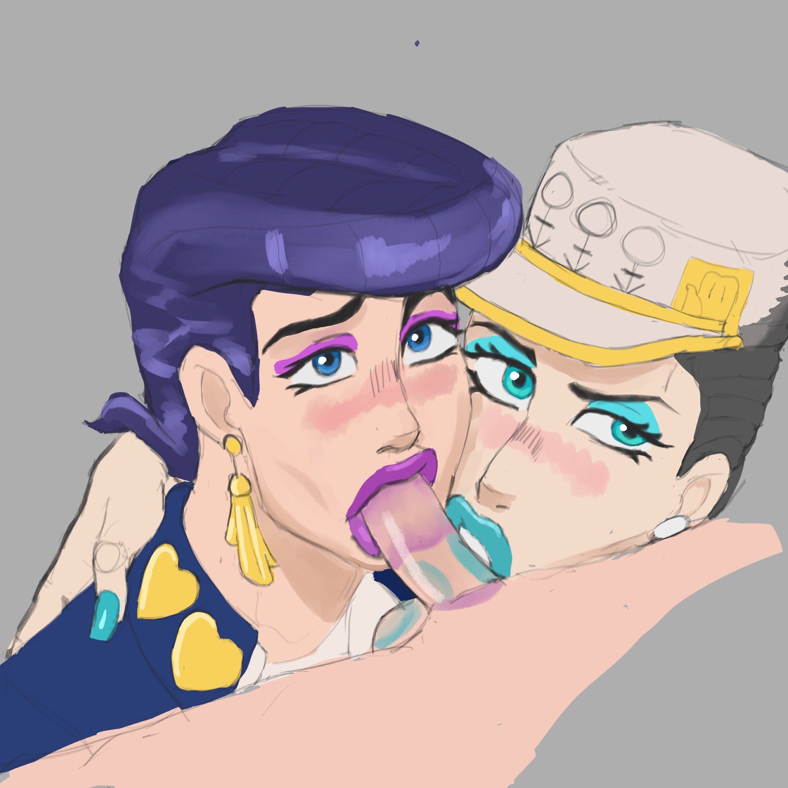 1:1, 2020, 3boys, balls, bimbo, bimbo femboy, black hair, blowjob, blue eyes, blush, cap, clothing, cyan eyes, cyan eyeshadow, cyan lipstick, diamond is unbreakable, double fellatio, earrings, eyeshadow, fellatio, femboy, gray background, grey background, hand on another's shoulder, hand on shoulder, hat, highres, indigo hair, jojo's bizarre adventure, josuke higashikata, jotaro kujo, jumbogumbo, kiss mark, lips, lipstick, lipstick mark, lipstick on balls, lipstick on penis, looking at another, makeup, male, male only, multiple boys, multiple males, nail polish, open mouth, oral, penis, pink eyeshadow, pink lipstick, pink nails, pompadour, purple eyeshadow, purple hair, purple lipstick, school uniform, short hair, simple background, testicles, violet hair, yaoi