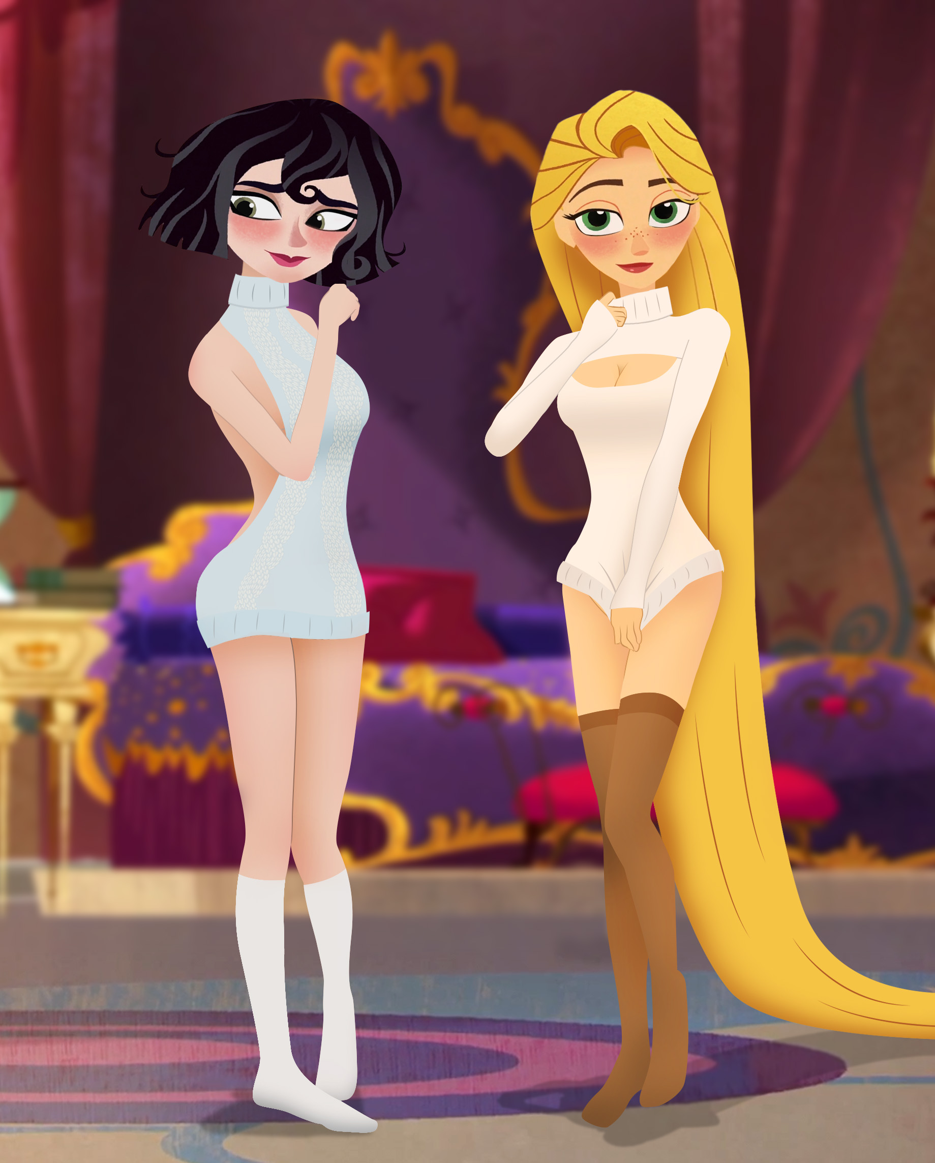 2girls, artist request, black hair, blonde hair, blush, cassandra (tangled), cleavage, clothing, disney, disney channel, dress, female, female focus, female only, happy female, long blonde hair, long hair, multiple females, multiple girls, no pants, pantsless, rapunzel, short black hair, short hair, shy, stockings, tangled, tangled: the series, virgin killer sweater