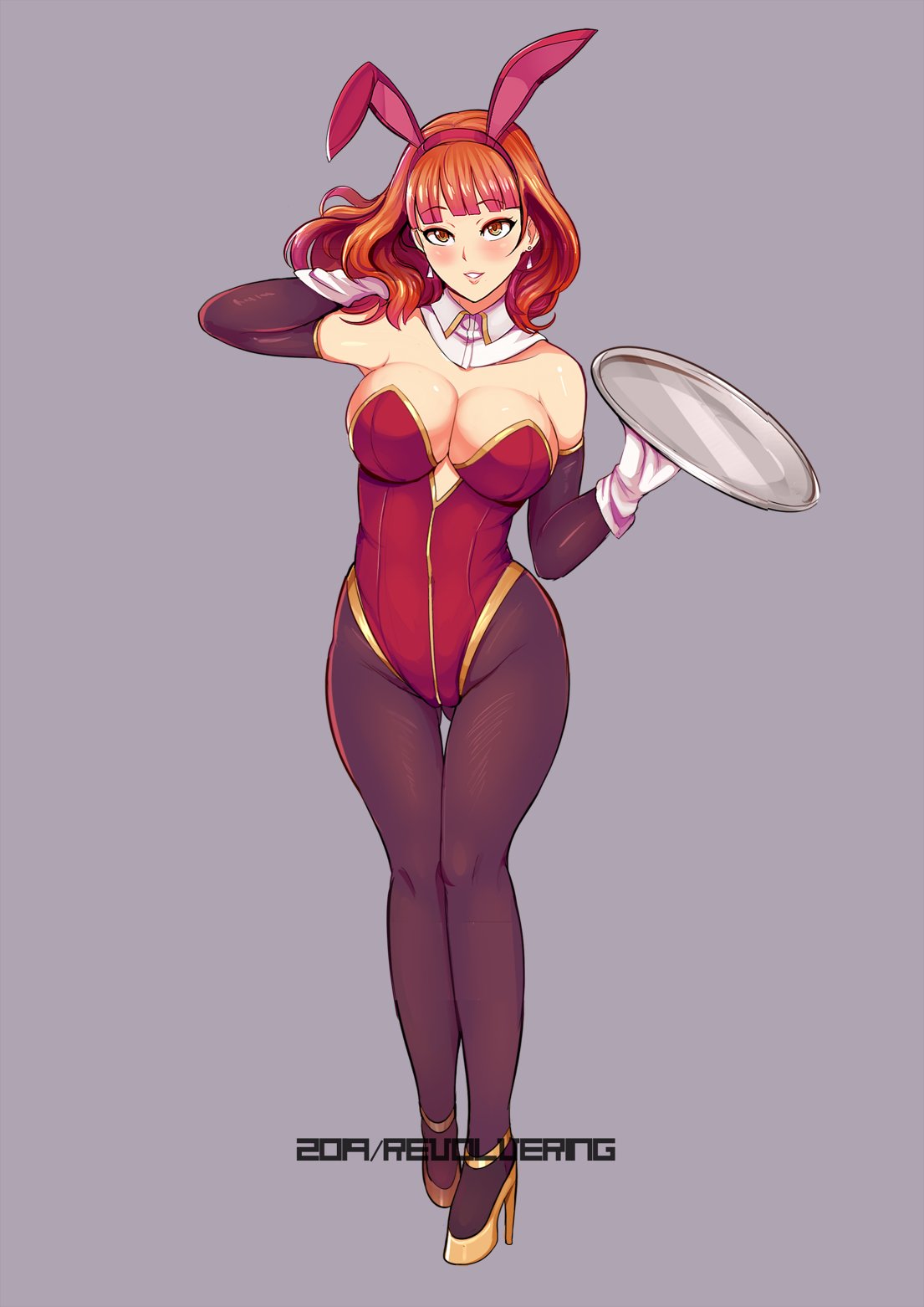 1girls, 2019, adjusting hair, alternate costume, arm up, armpits, artist name, ass visible through thighs, bangs, bare shoulders, big breasts, blunt bangs, blush, breasts, bunny ears, bunny girl, bunnysuit, celica (fire emblem), clothed, collarbone, covered navel, dated, detached collar, detached sleeves, earrings, female, female only, fire emblem, fire emblem echoes: shadows of valentia, gloves, gold heels, grey background, grin, hand up, heels, high heels, holding, holding tray, large breasts, legs, leotard, lips, long sleeves, looking at viewer, medium hair, naughty face, nintendo, orange eyes, orange hair, pantyhose, playboy bunny, red hair, red leotard, revolverwingstudios, shoulders, sideboob, skindentation, smile, solo, thick thighs, tight clothing, tray, waitress, wide hips