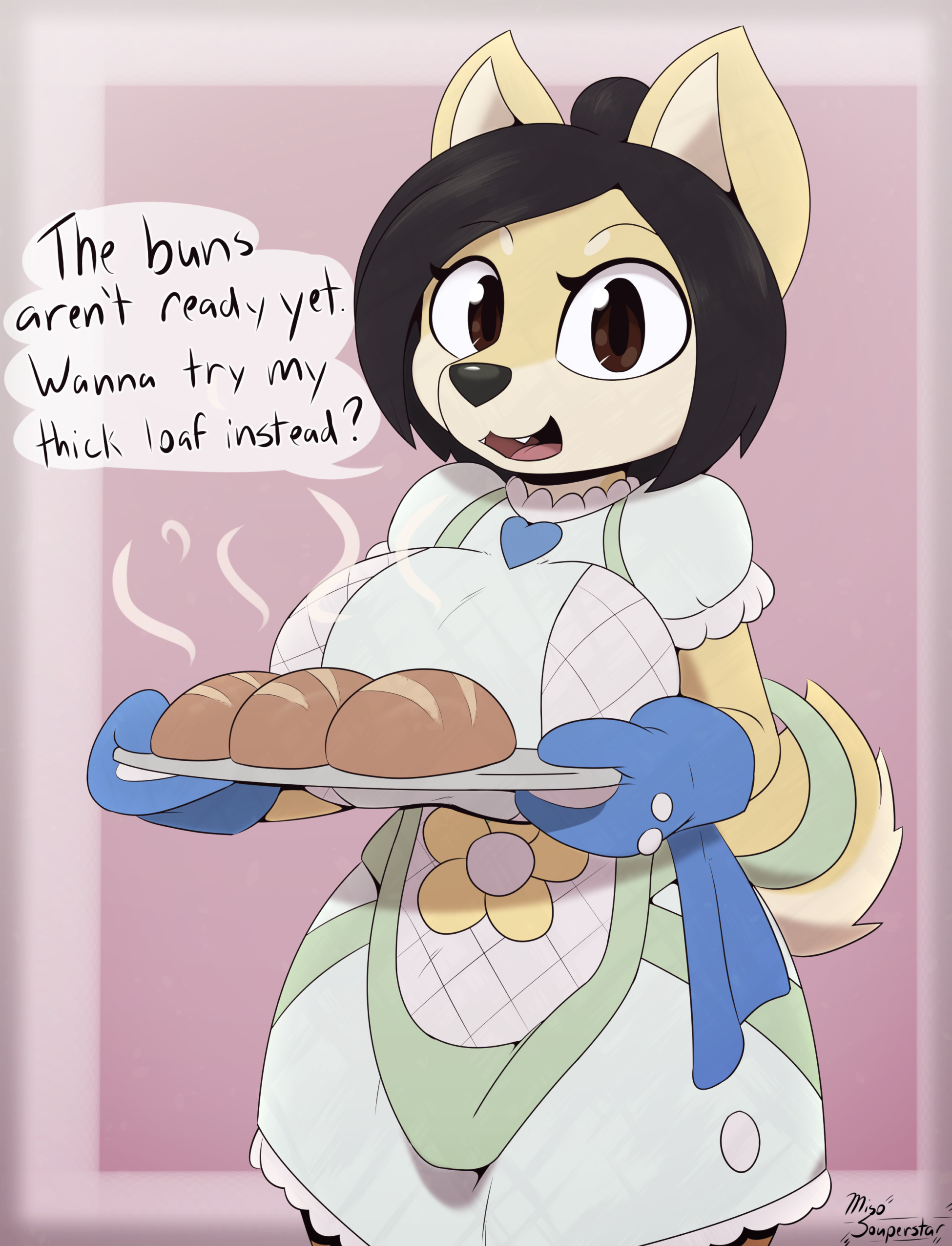 1futa, 2020, abstract background, anthro, big breasts, bread, breasts, canine, clothed, eye contact, furry, furry only, futa only, futanari, hi res, highres, huge breasts, intersex, looking at viewer, miso souperstar, open mouth, original, original character, pink background, short hair, signature, smile, solo, standing, suggestive, text, tofu (miso souperstar), tusks