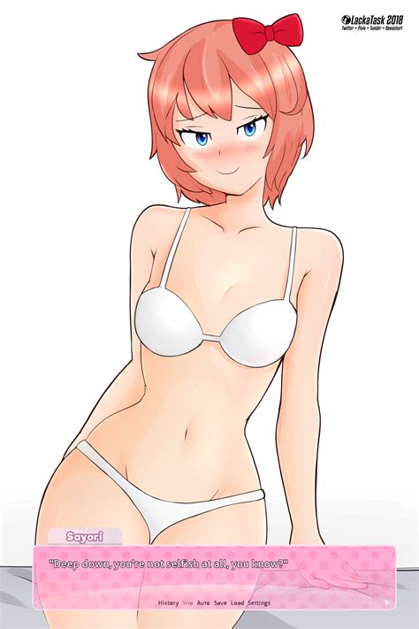 blue eyes, blush, bow, bra, ddlc text box, doki doki literature club, female, hairbow, just sayori, lackatask, looking at viewer, orange hair, panties, red bow, sayori (doki doki literature club), simple background, smile, smiling, solo, thighs